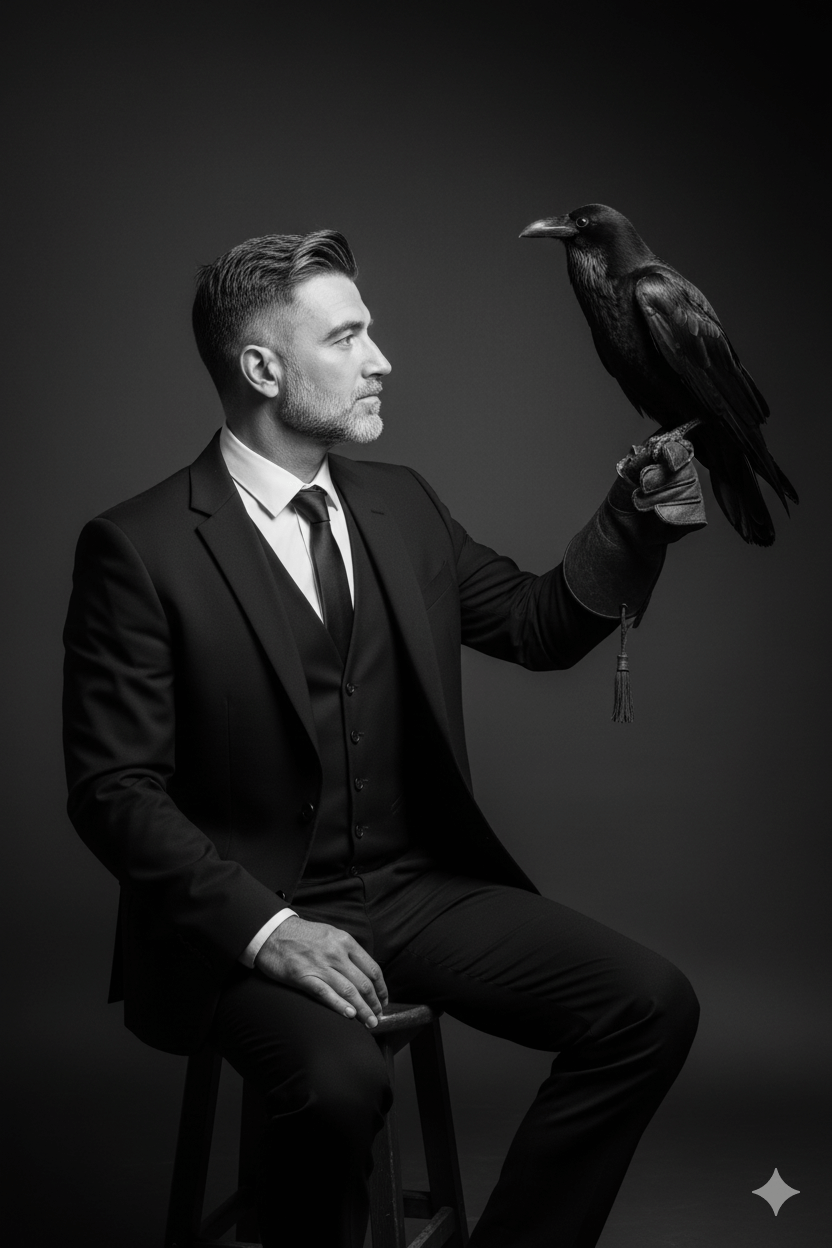 Dark Aesthetic Man with Raven Bird Portrait