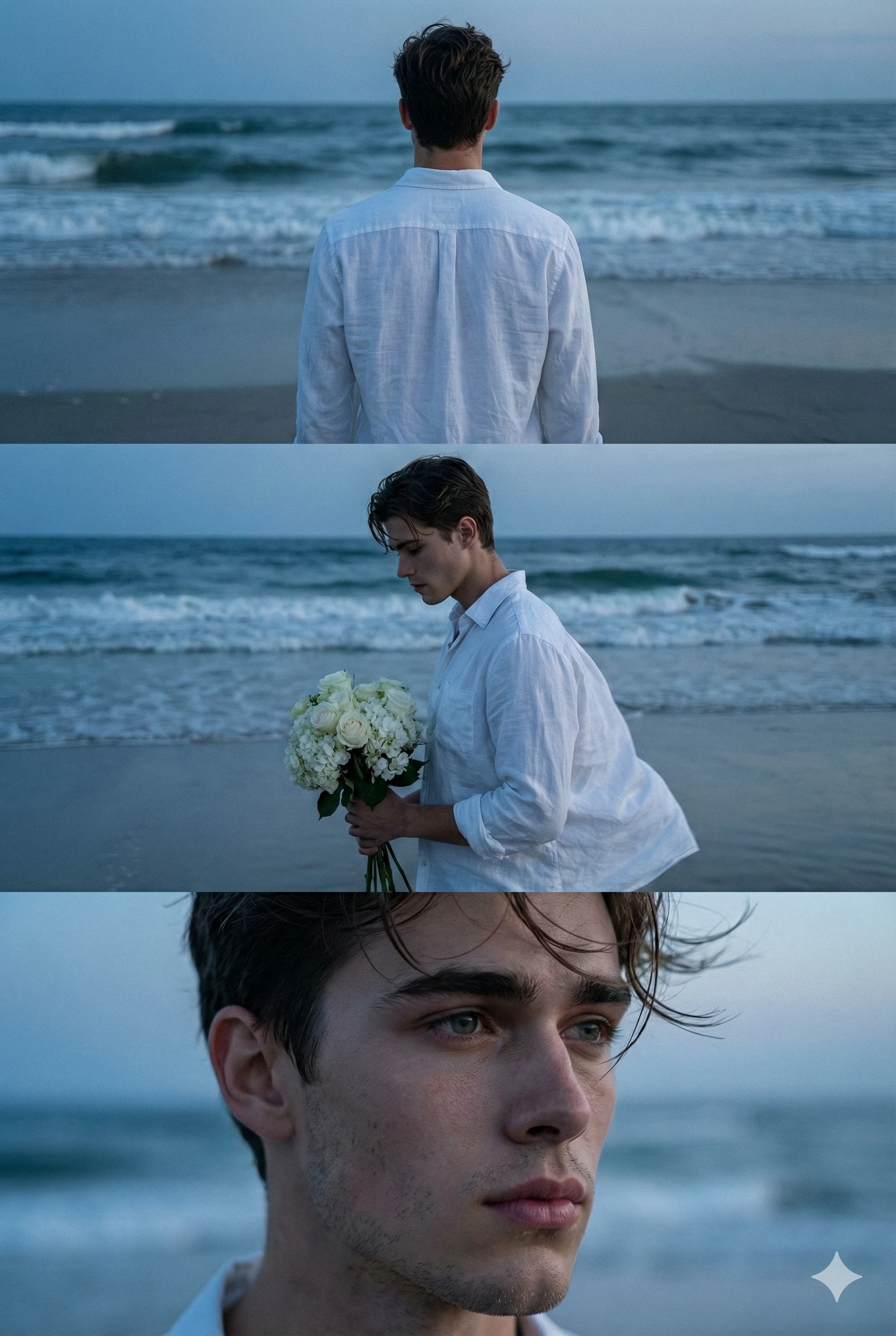 Aesthetic Man with White Bouquet at Ocean Blue Hour
