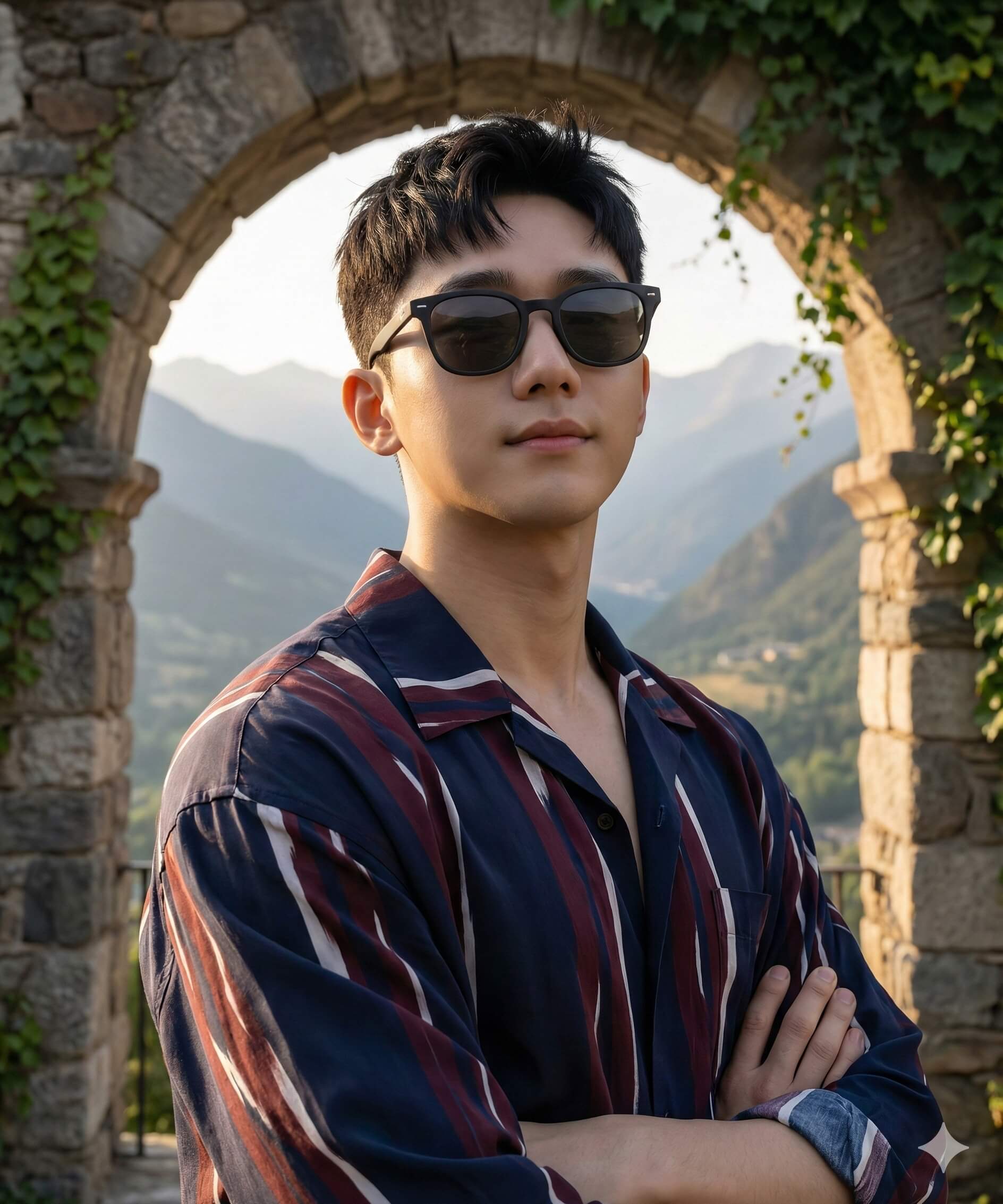 Architectural Arch Frame Striped Shirt Portrait
