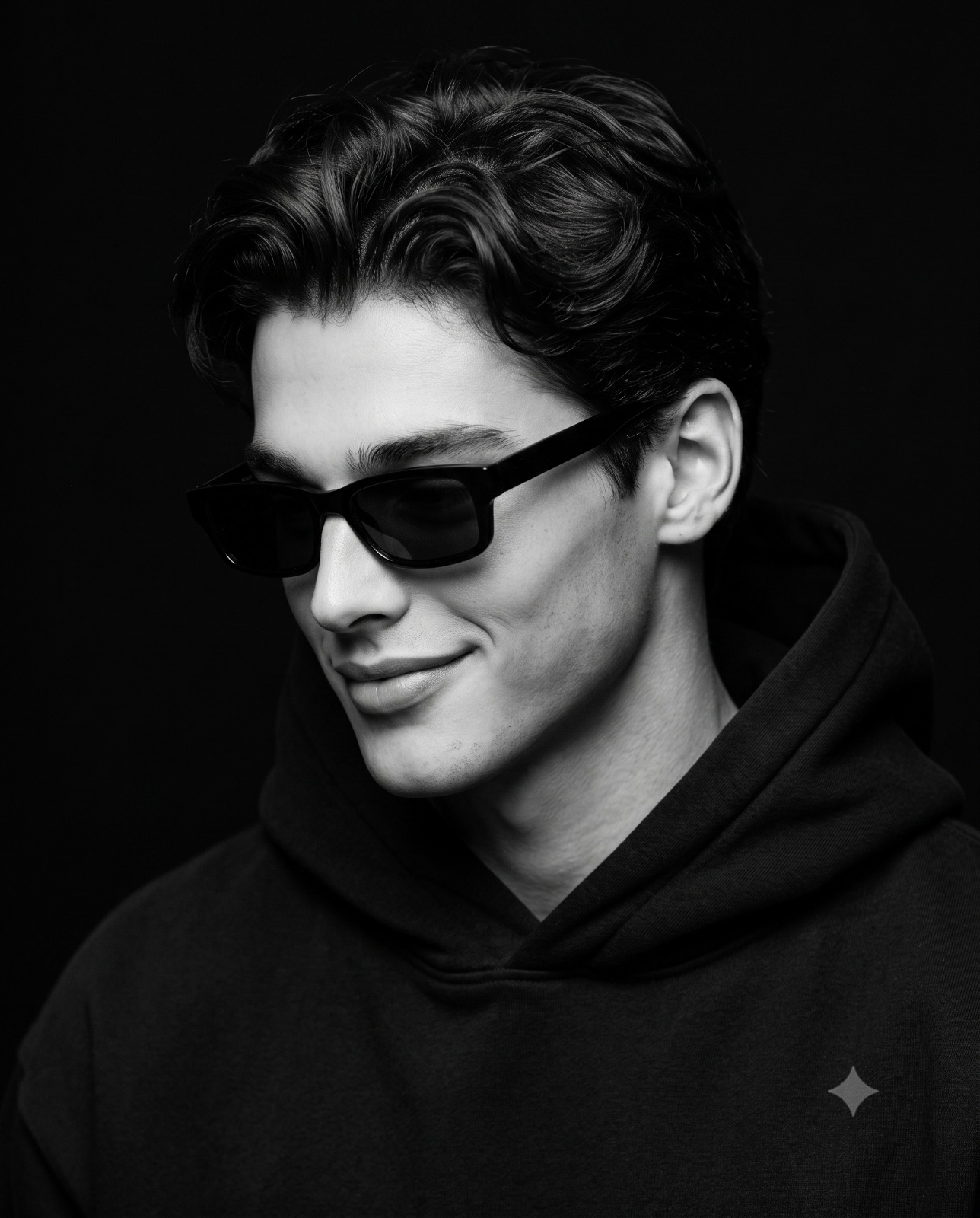 Hooded Shadowed Black and White Boy Profile Portrait