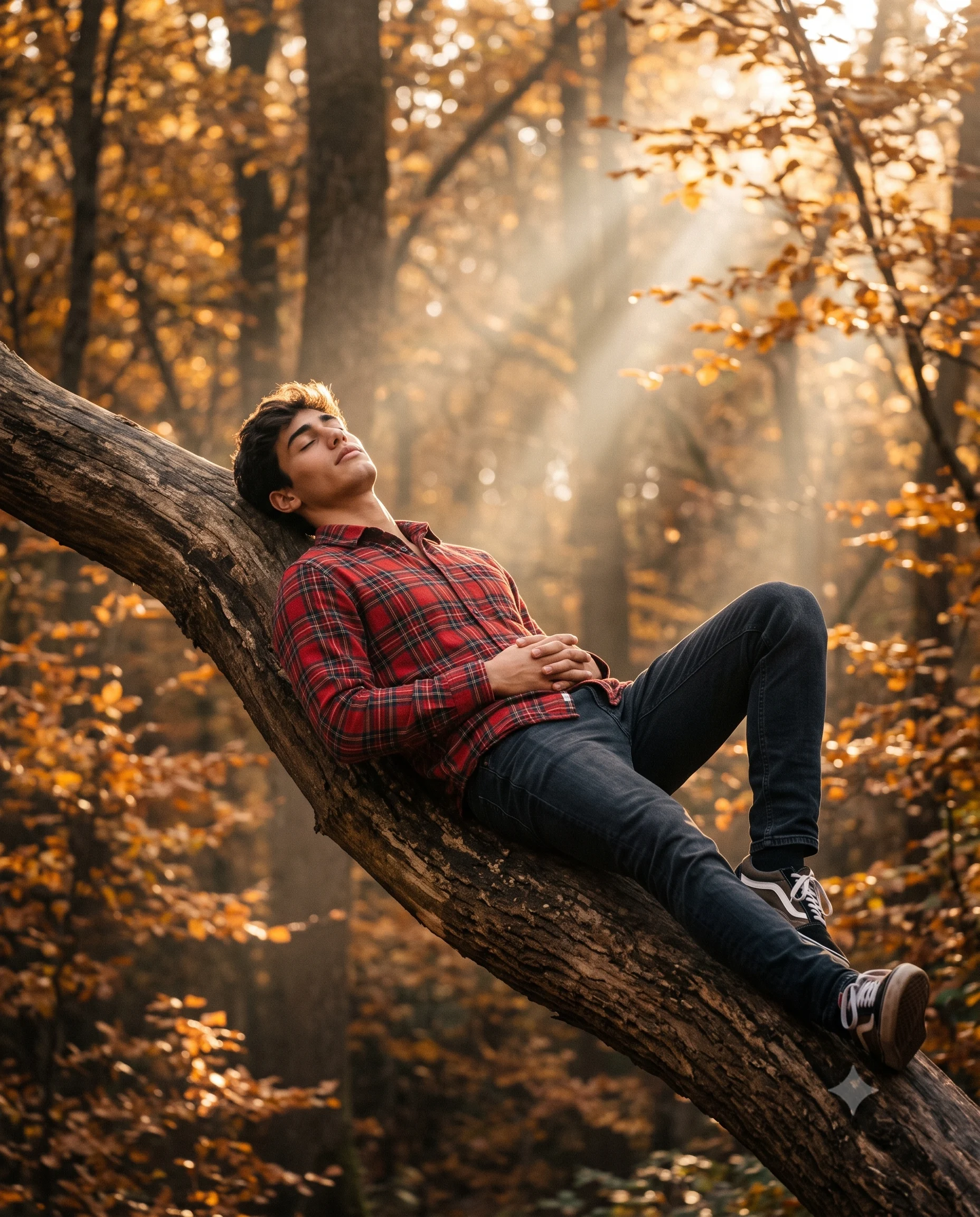 Autumn Tree Branch Resting Boy Aesthetic Portrait