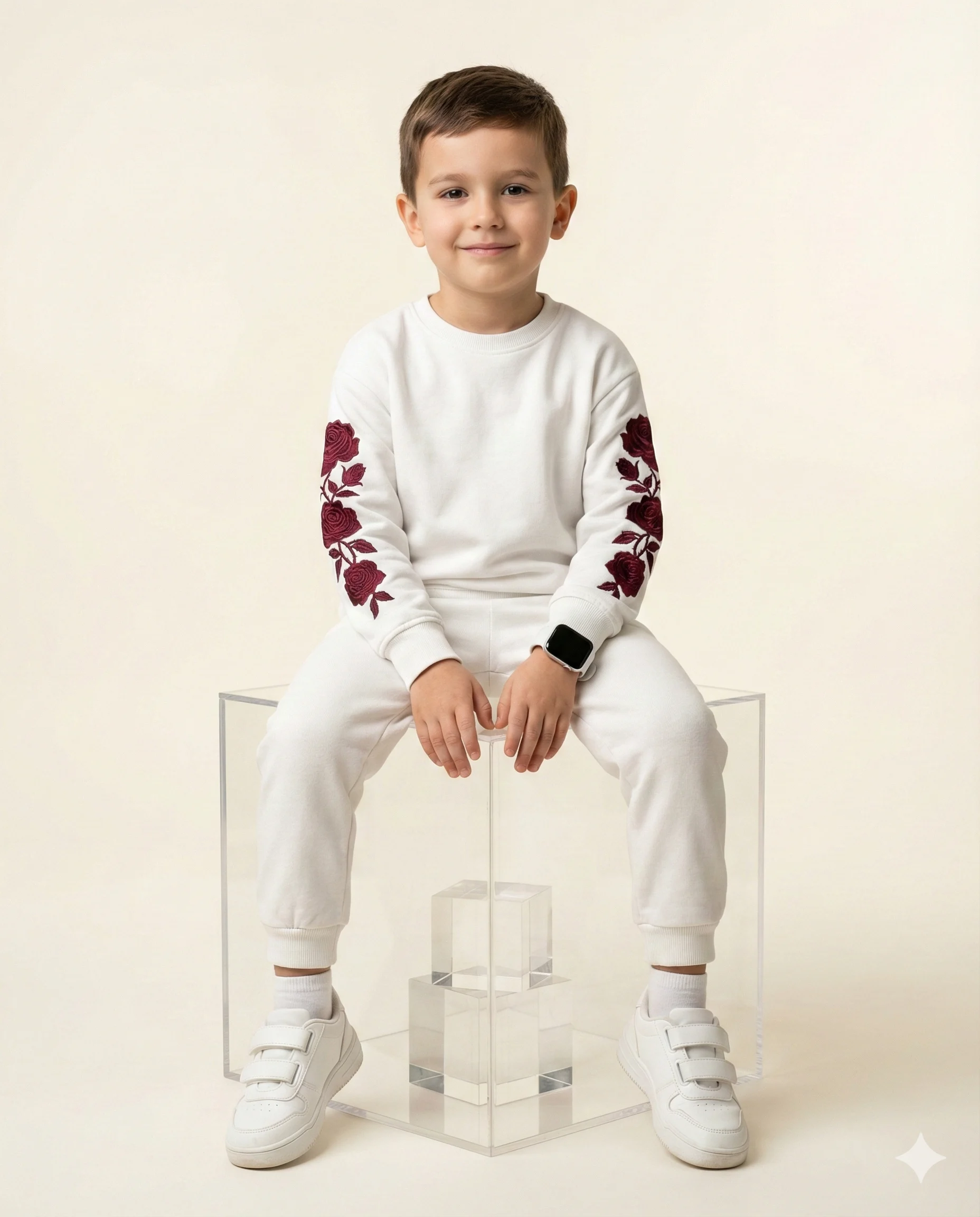 Editorial Boy in White Tracksuit on Acrylic Cube