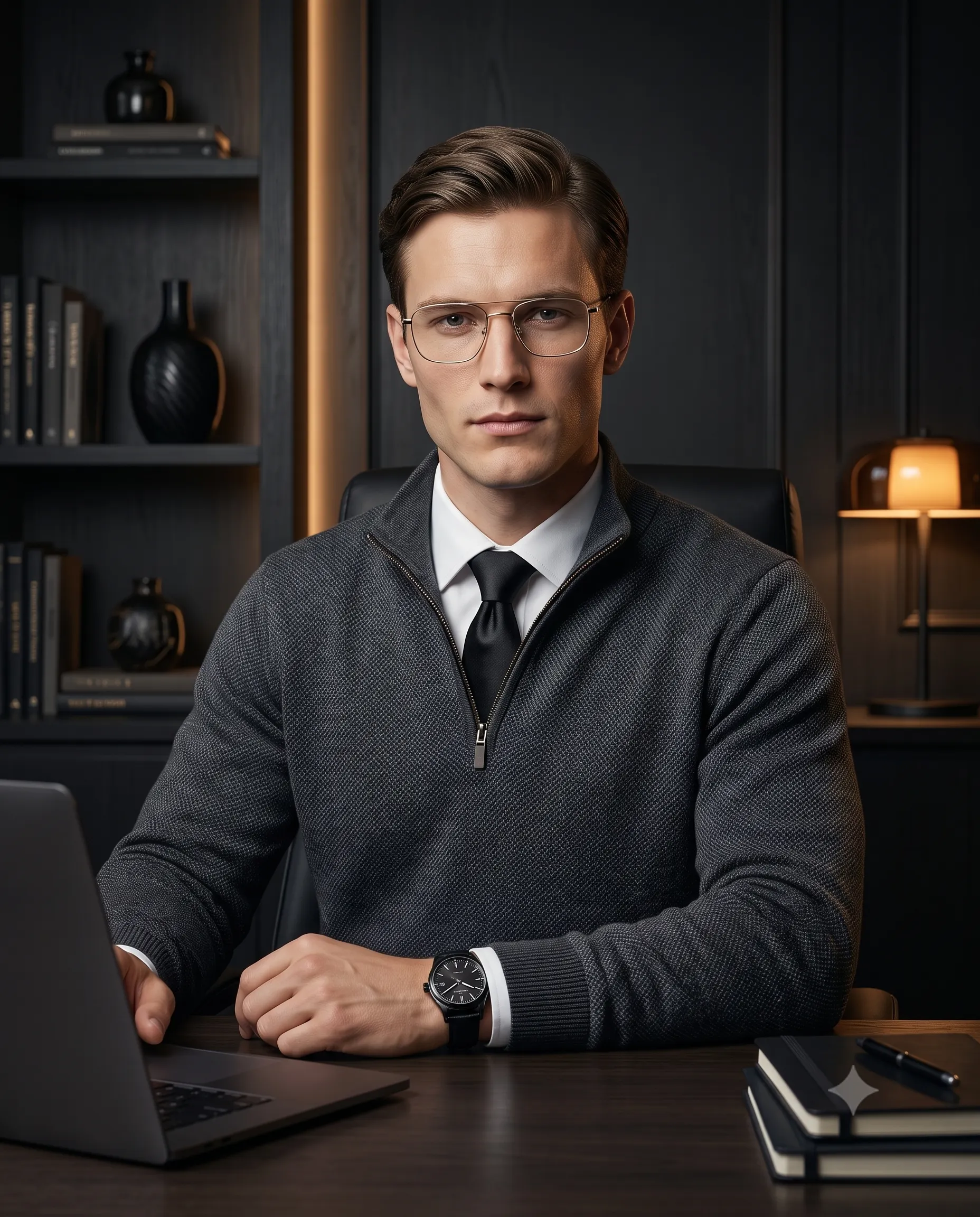 Businessman at Office Desk with Laptop Portrait