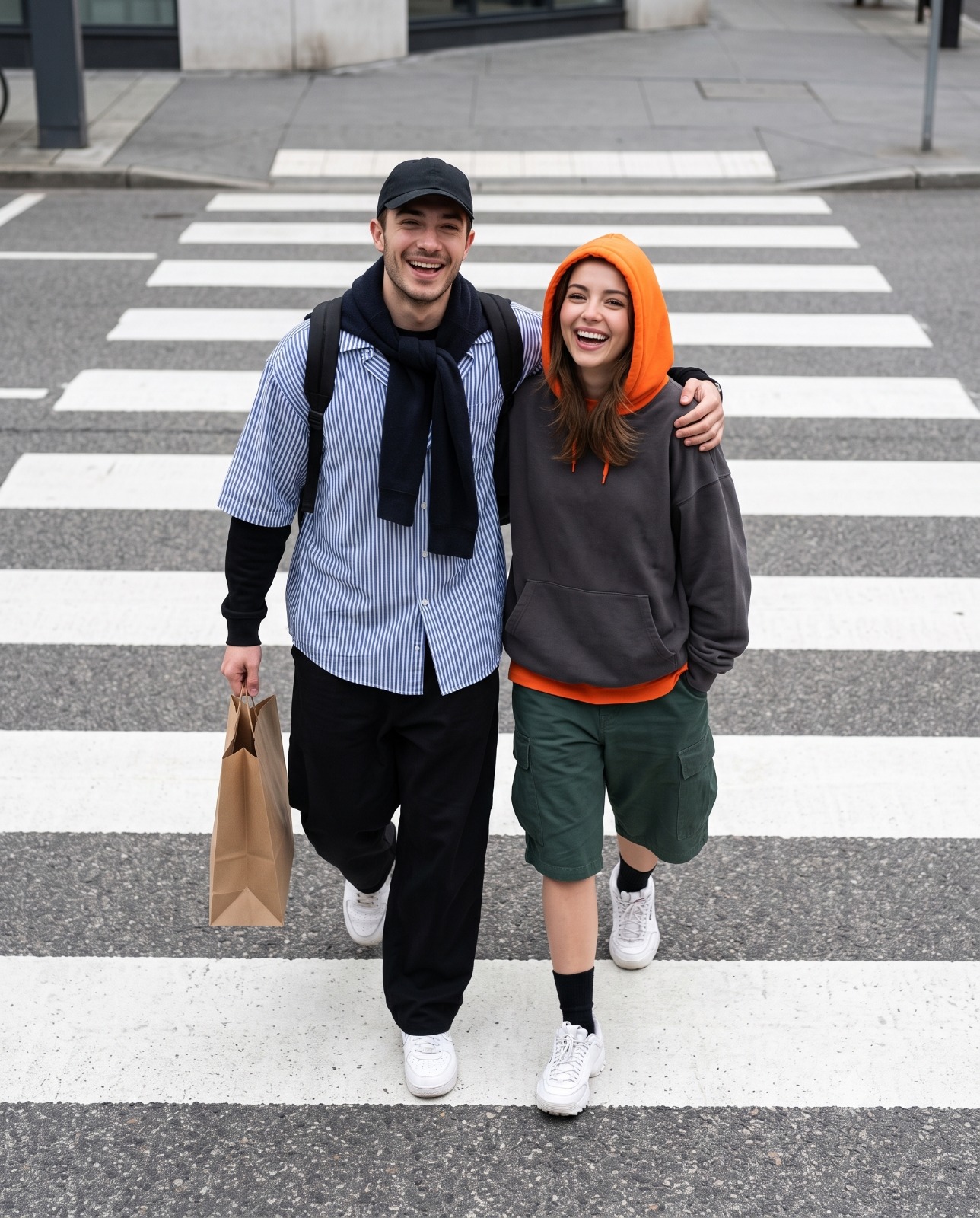 Aerial Zebra Crossing Joyful Couple Street Photo