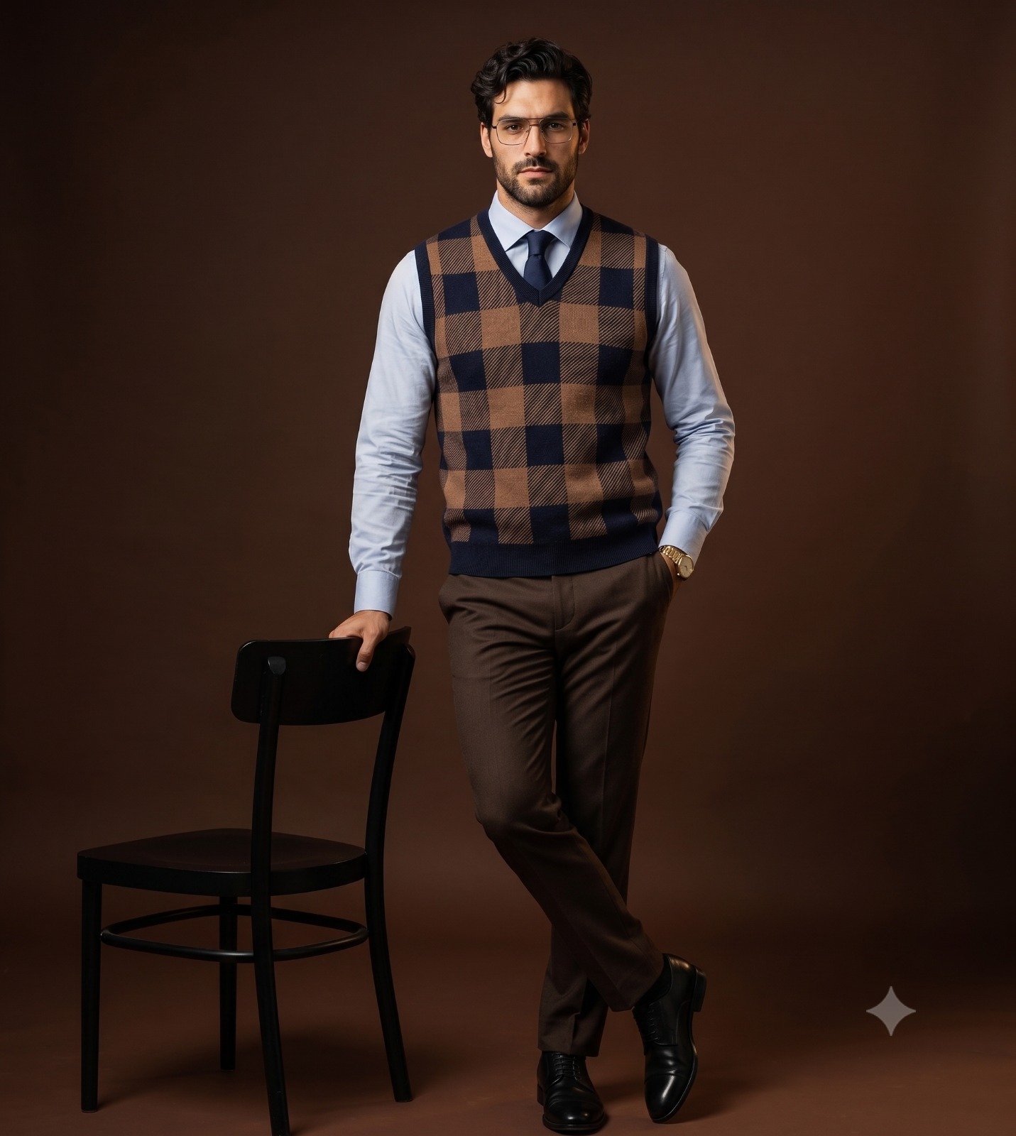 Elegant Studio Portrait with Wooden Chair Portrait