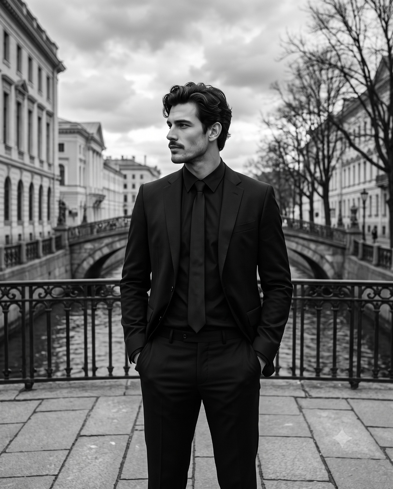 Monochrome Elegance on the Bridge Portrait