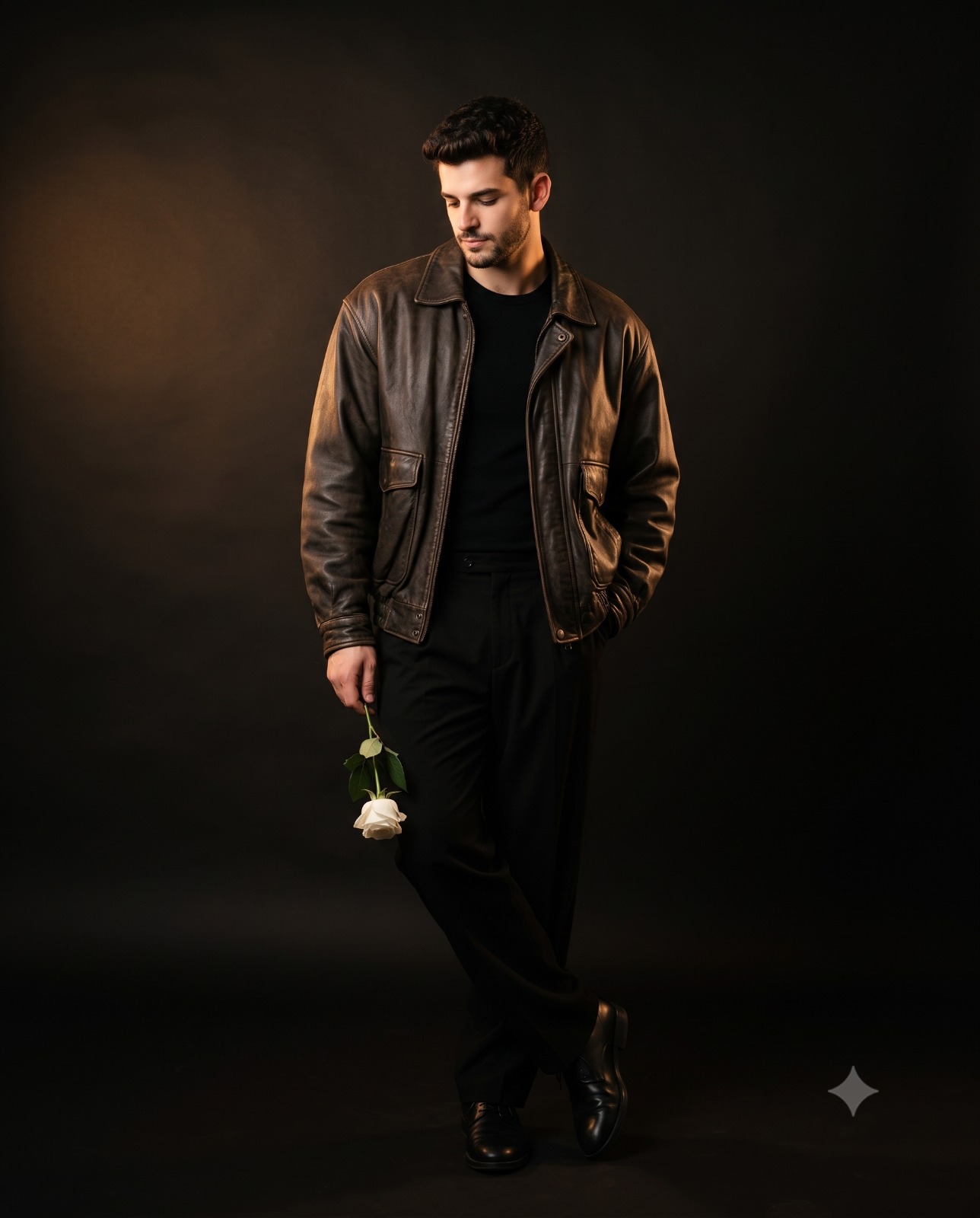 Romantic Man in Leather Jacket Holding White Rose Portrait