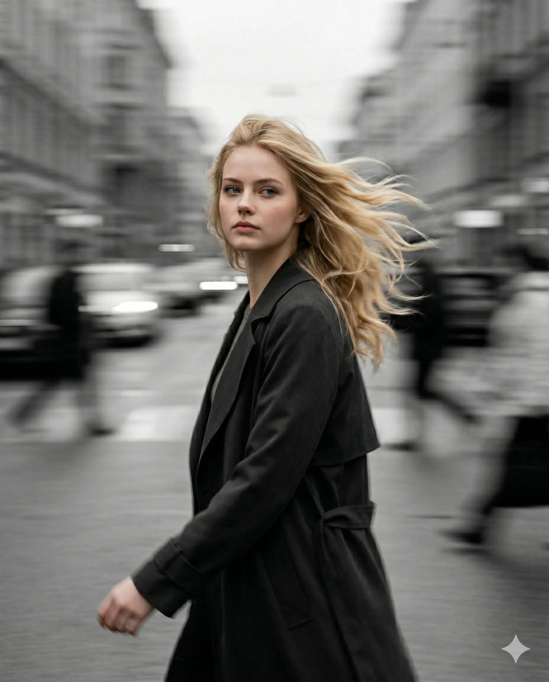 Woman in Black Coat City Street Motion Blur Portrait