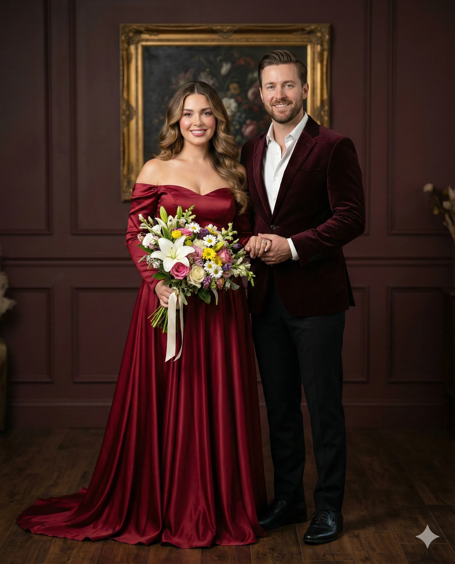 Velvet Maroon Studio Wedding Couple Portrait
