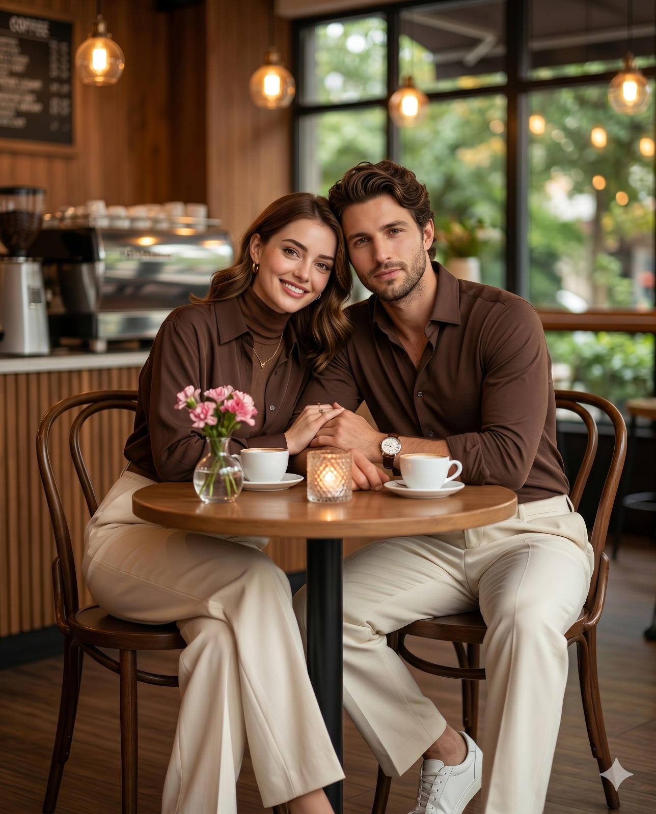 Matching Outfits Cozy Cafe Date Couple Portrait