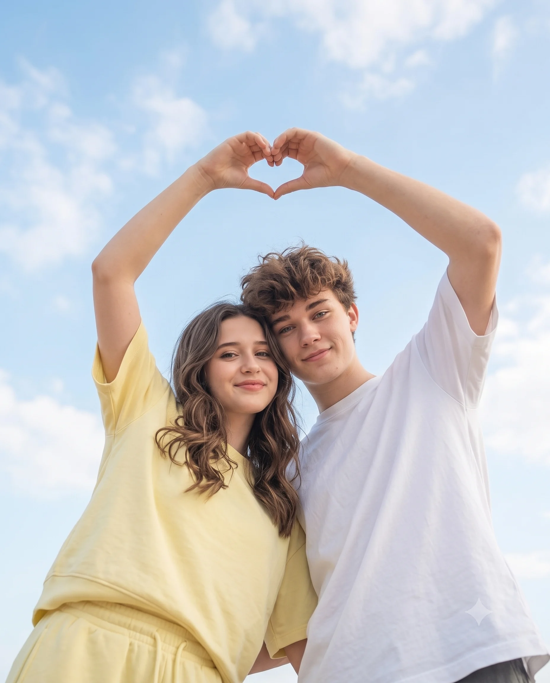 Low Angle Blue Sky Heart Hands Couple Portrait
