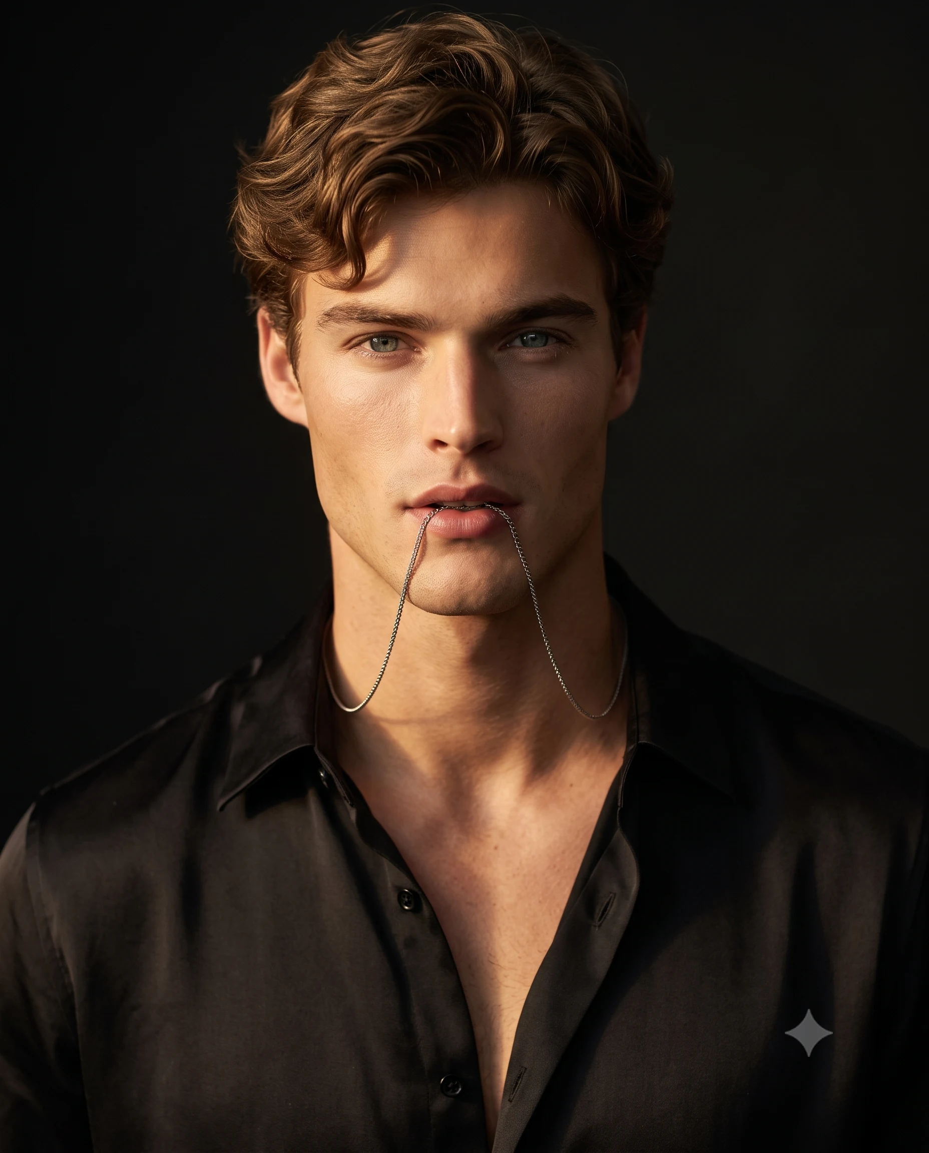 Dark Cinematic Chain Necklace Male Model Portrait