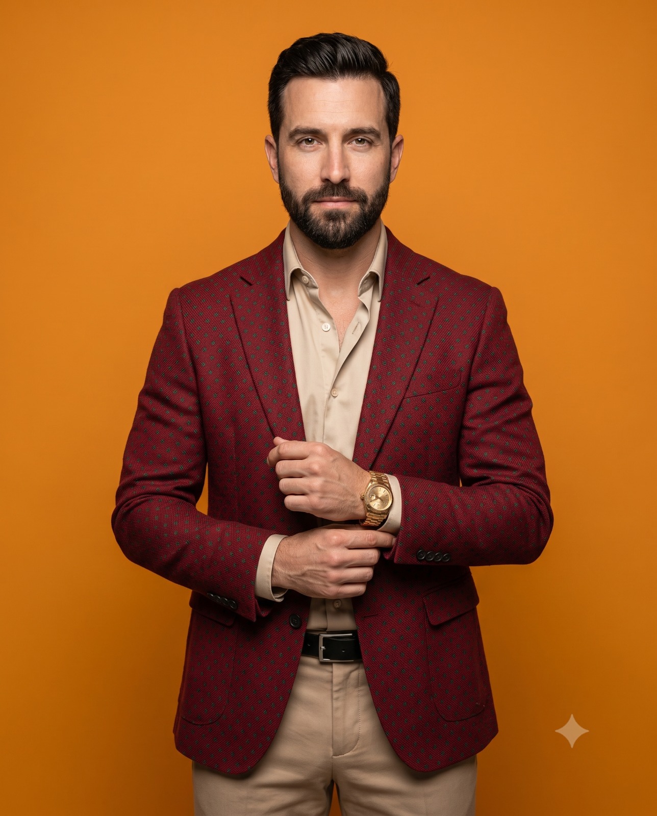 Elegant Man with Gold Watch on Mustard Backdrop Portrait