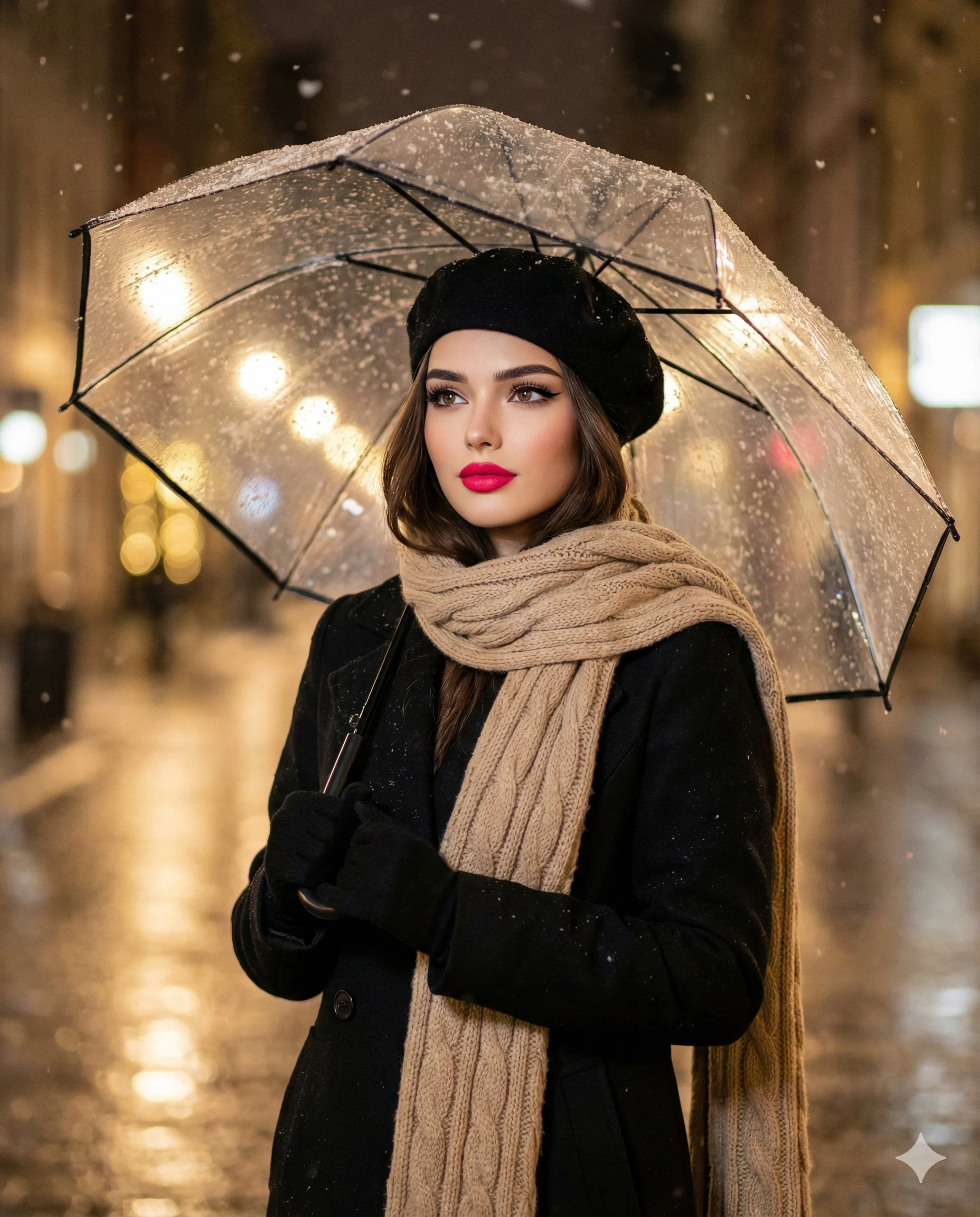 Elegant Woman Clear Umbrella Winter Snowy Night Portrait