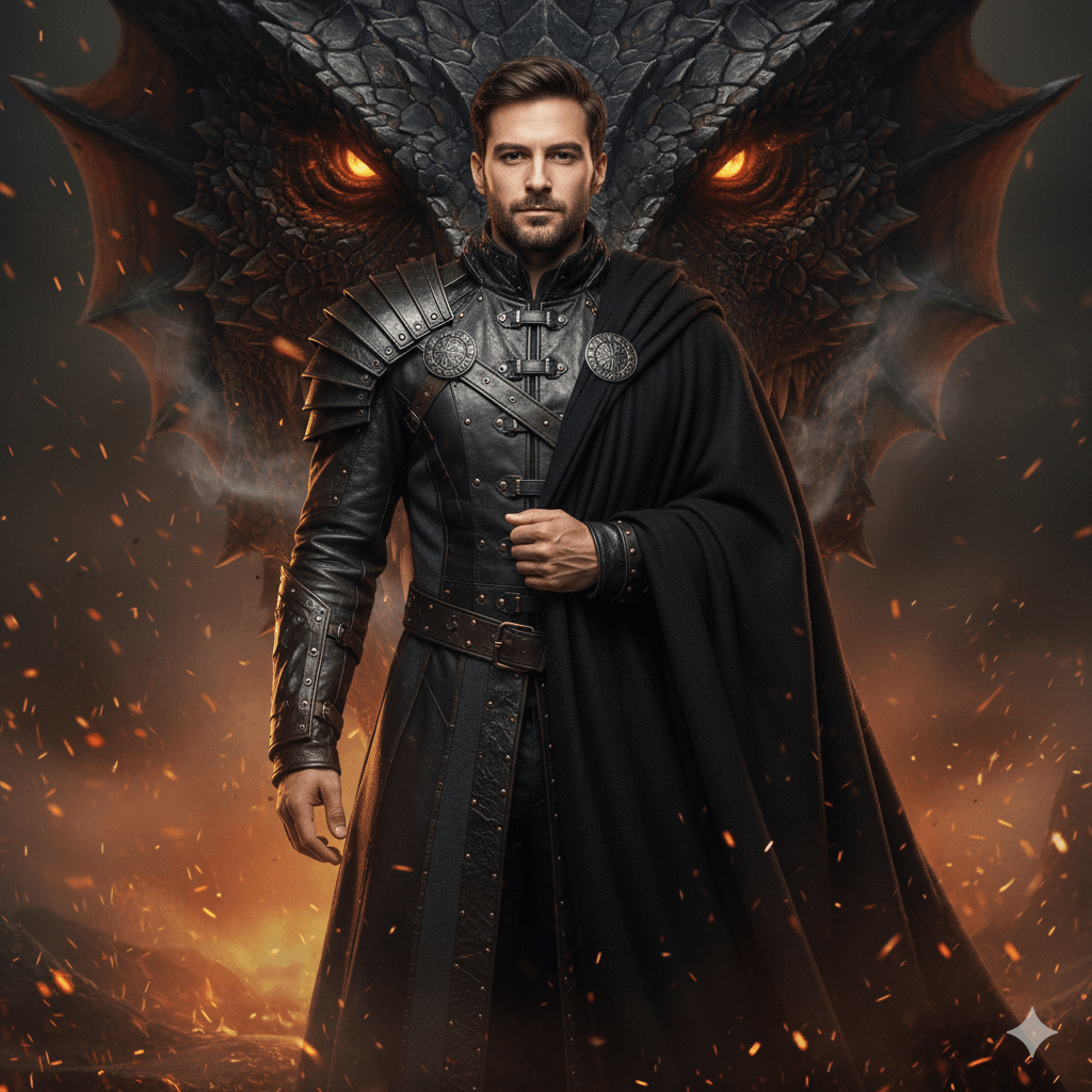 Dark Fantasy Guardian with Flaming Sword Portrait
