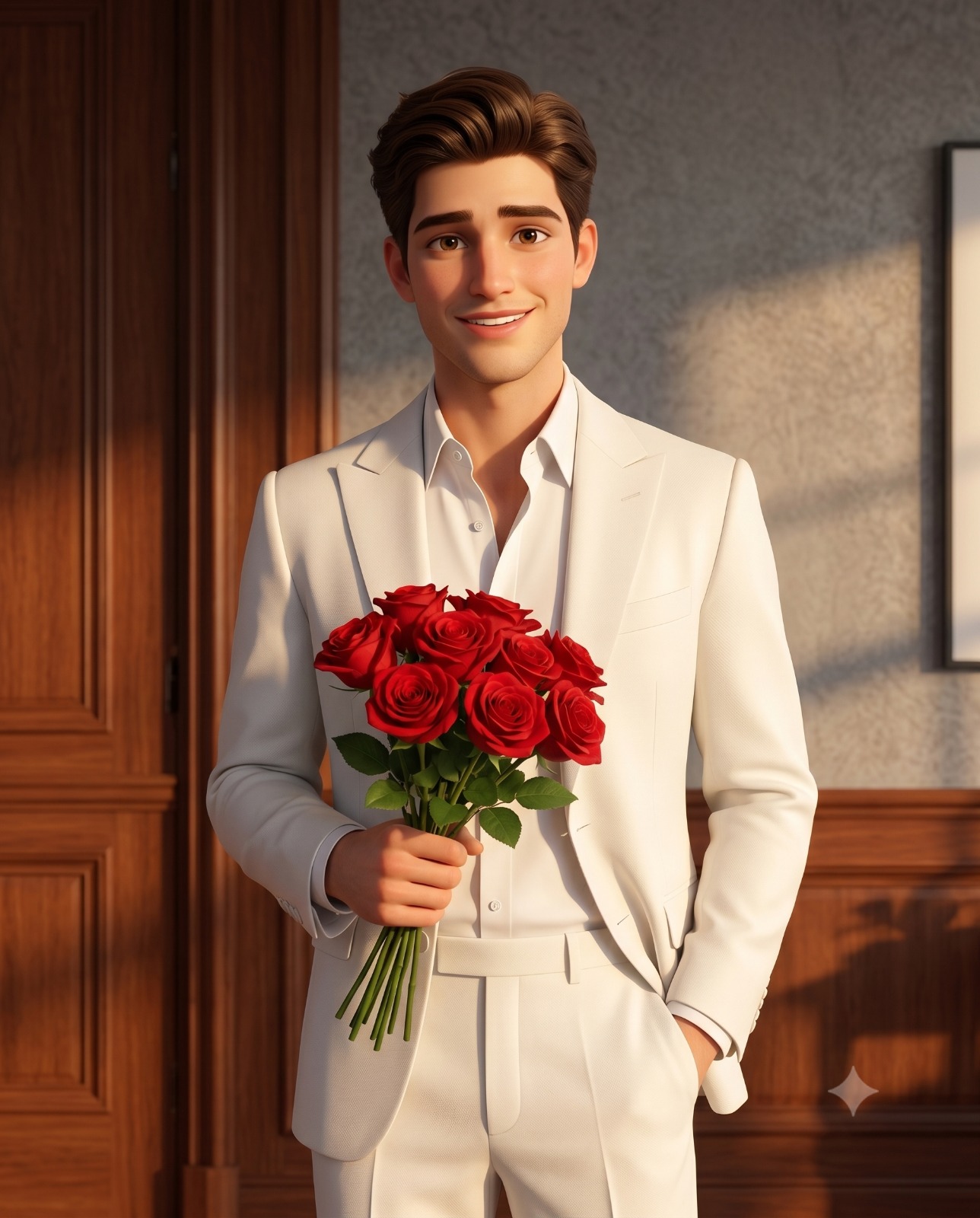 Crimson Roses and a White Suit Portrait