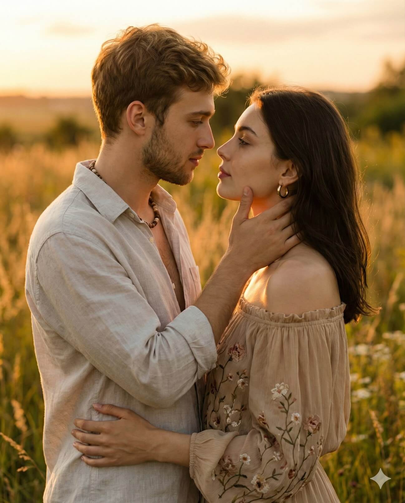 Bohemian Golden Hour Couple Embrace Portrait