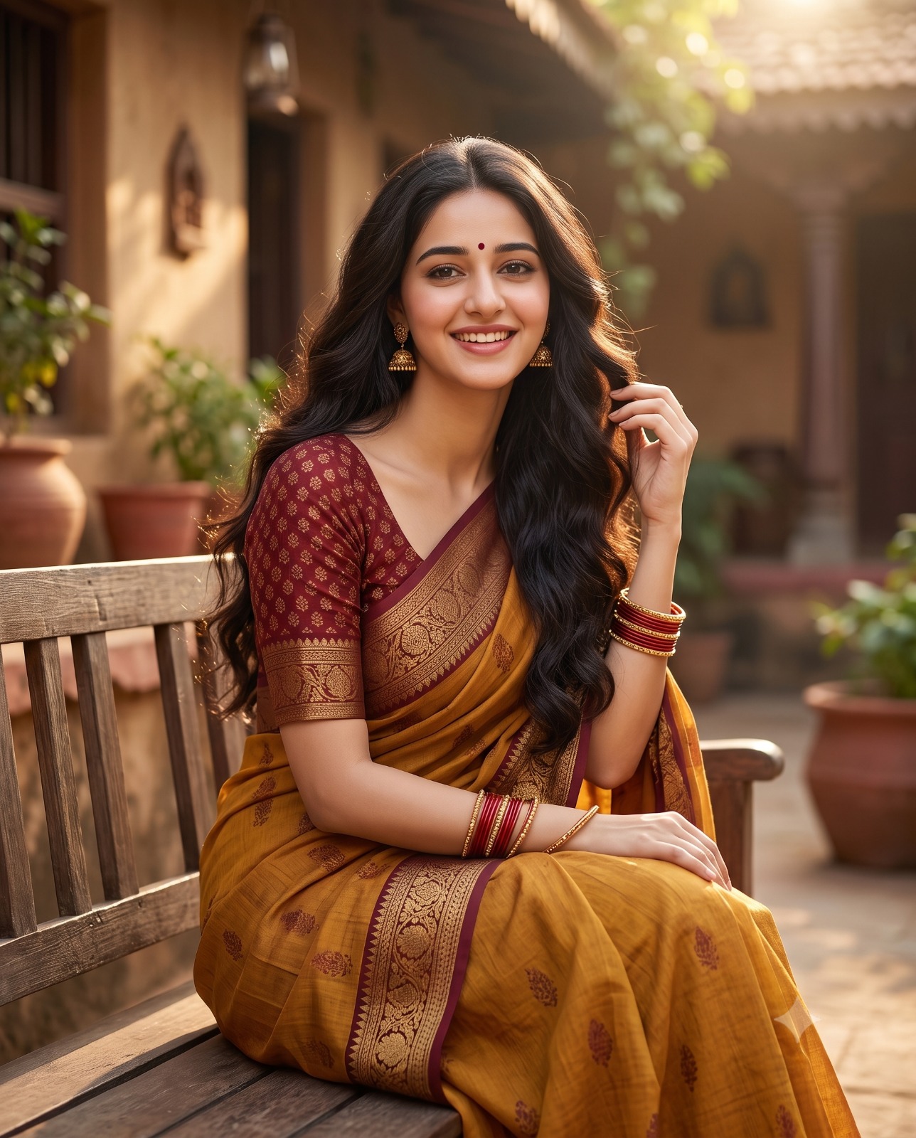 Graceful Saree Portrait in Heritage Courtyard Portrait
