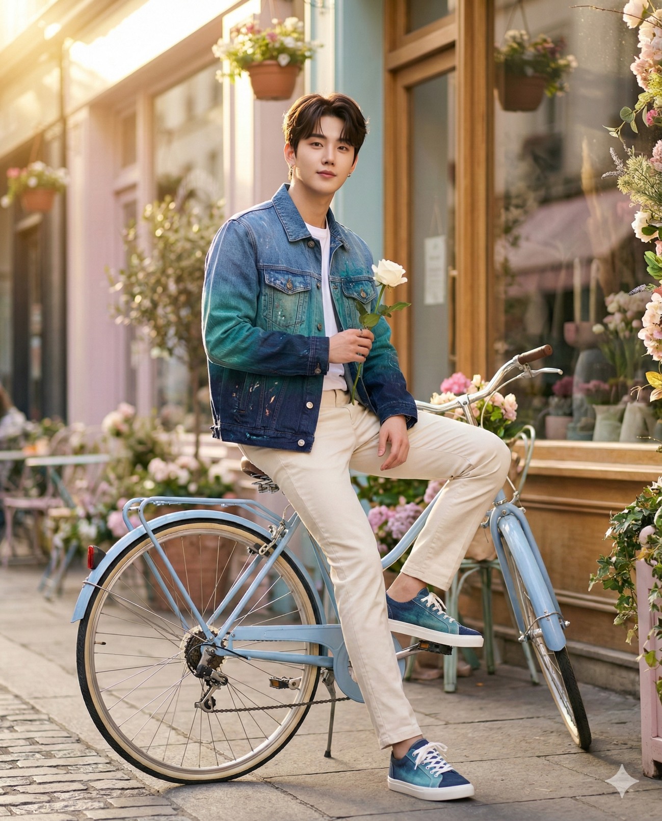 Stylish Man in Gradient Denim on Bike