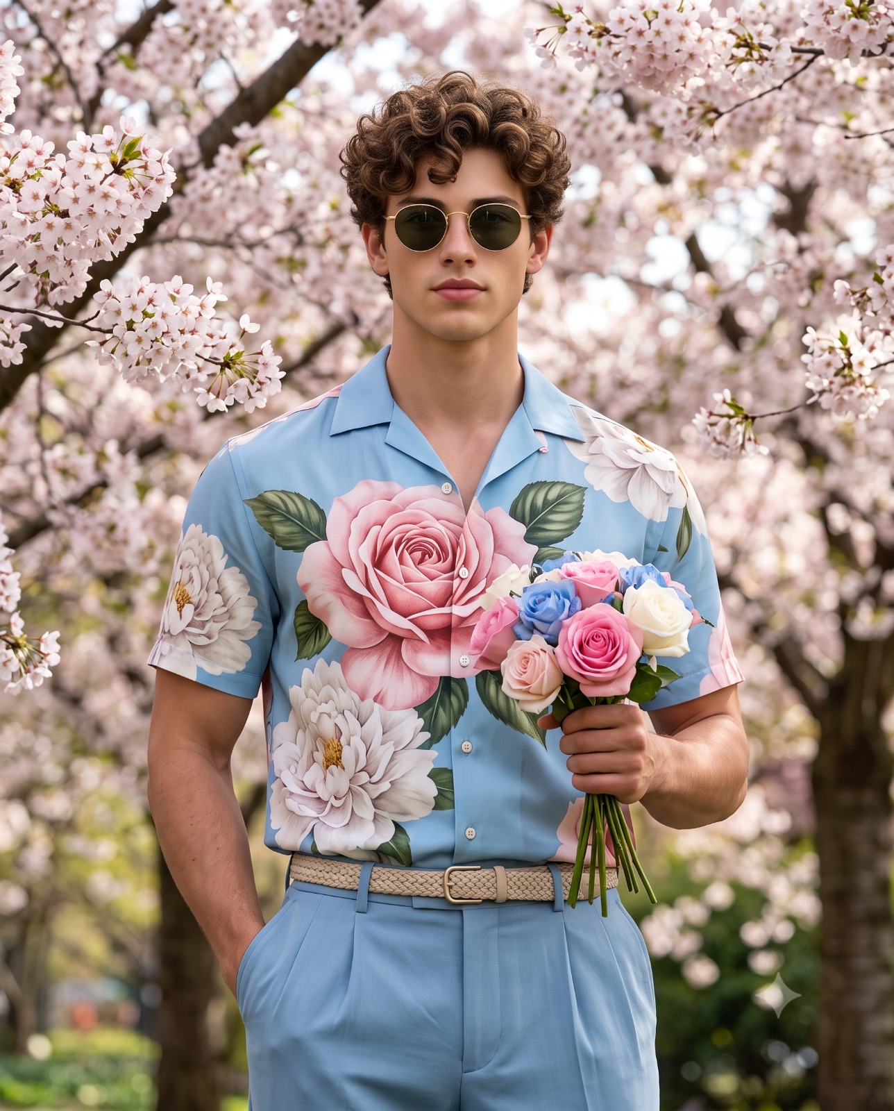 Man with Roses in a Sakura Garden Portrait