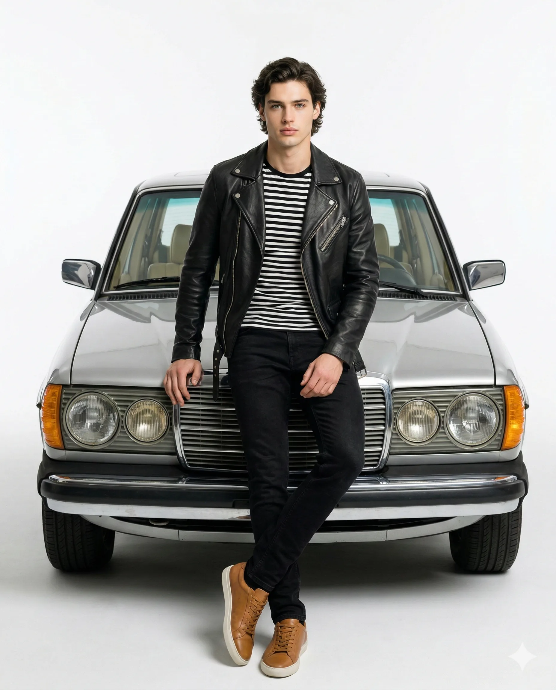 Leather Jacket Vintage Mercedes Cinematic Drive Portrait