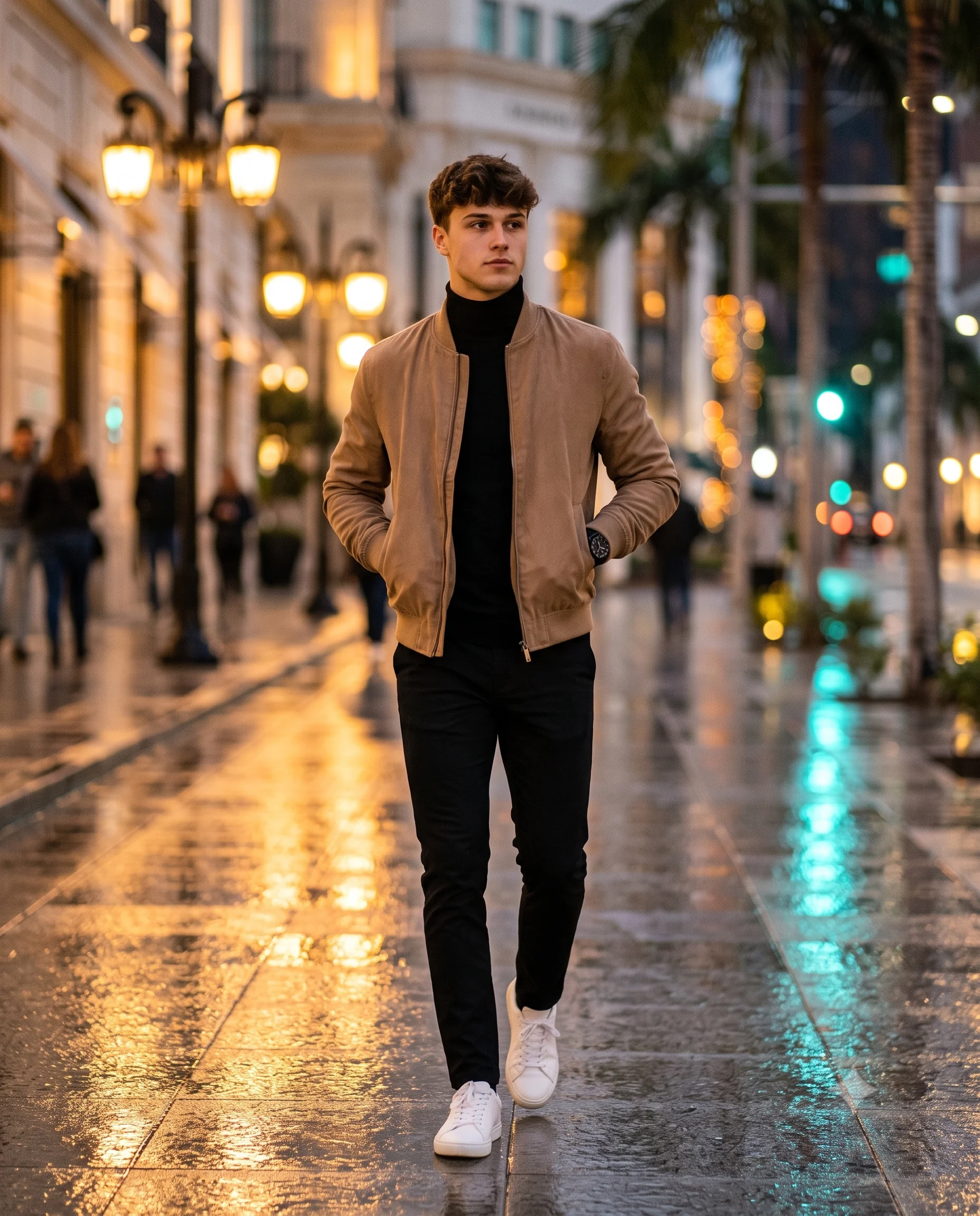 Stylish Man Walking on City Night Portrait