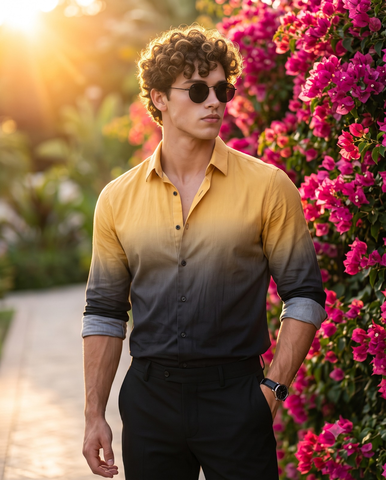 Stylish Man in a Golden Hour Flower Garden Portrait
