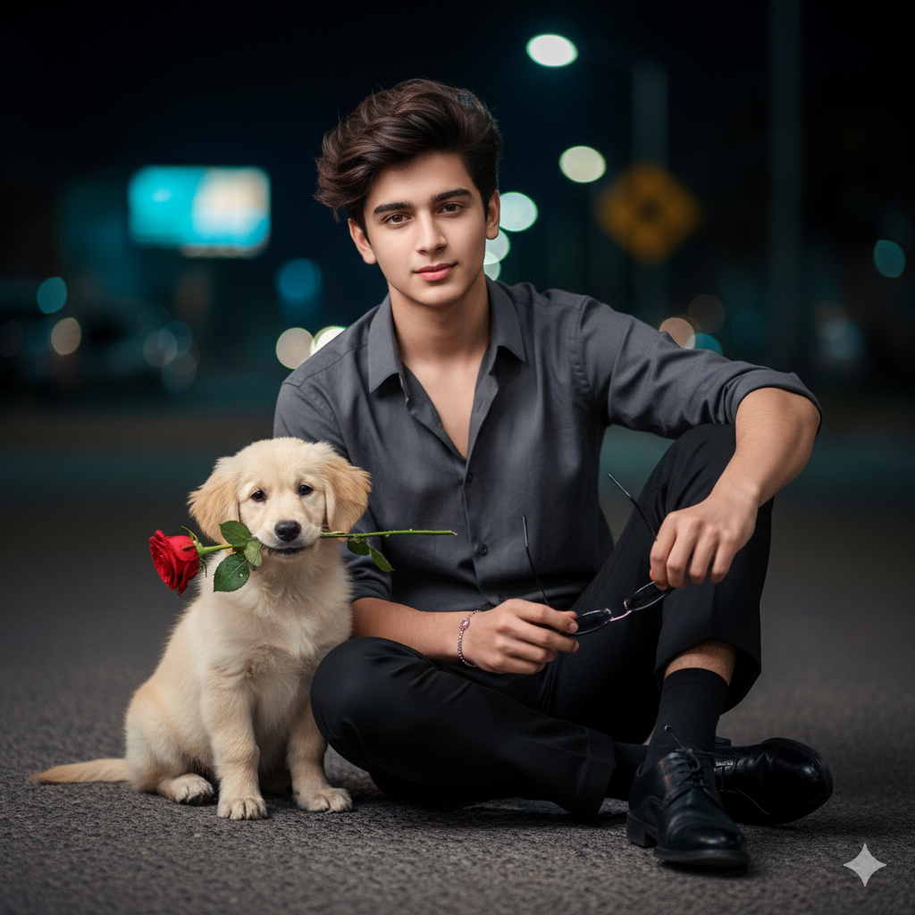 Romantic Night Street: Man with Rose and Puppy