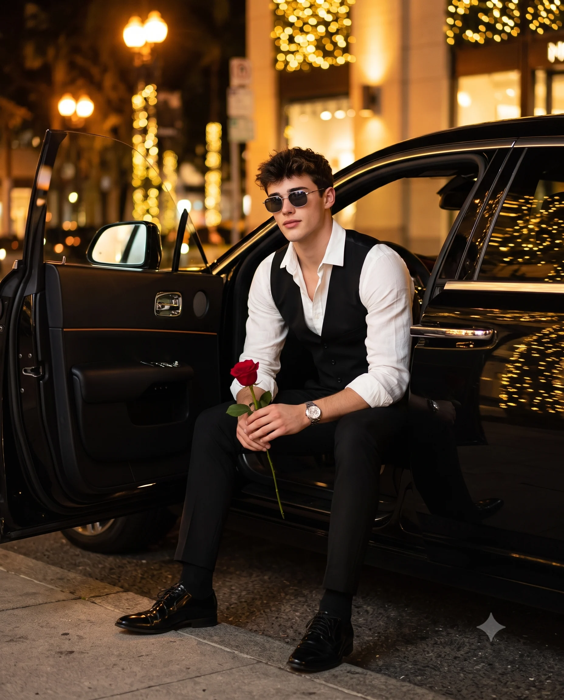 Man with Rose Seated in Luxury Car Portrait
