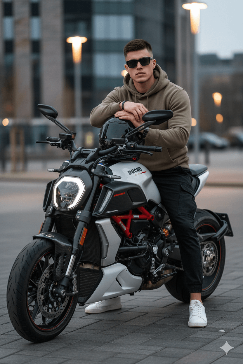 Confident Man Seated on Custom Motorcycle Portrait
