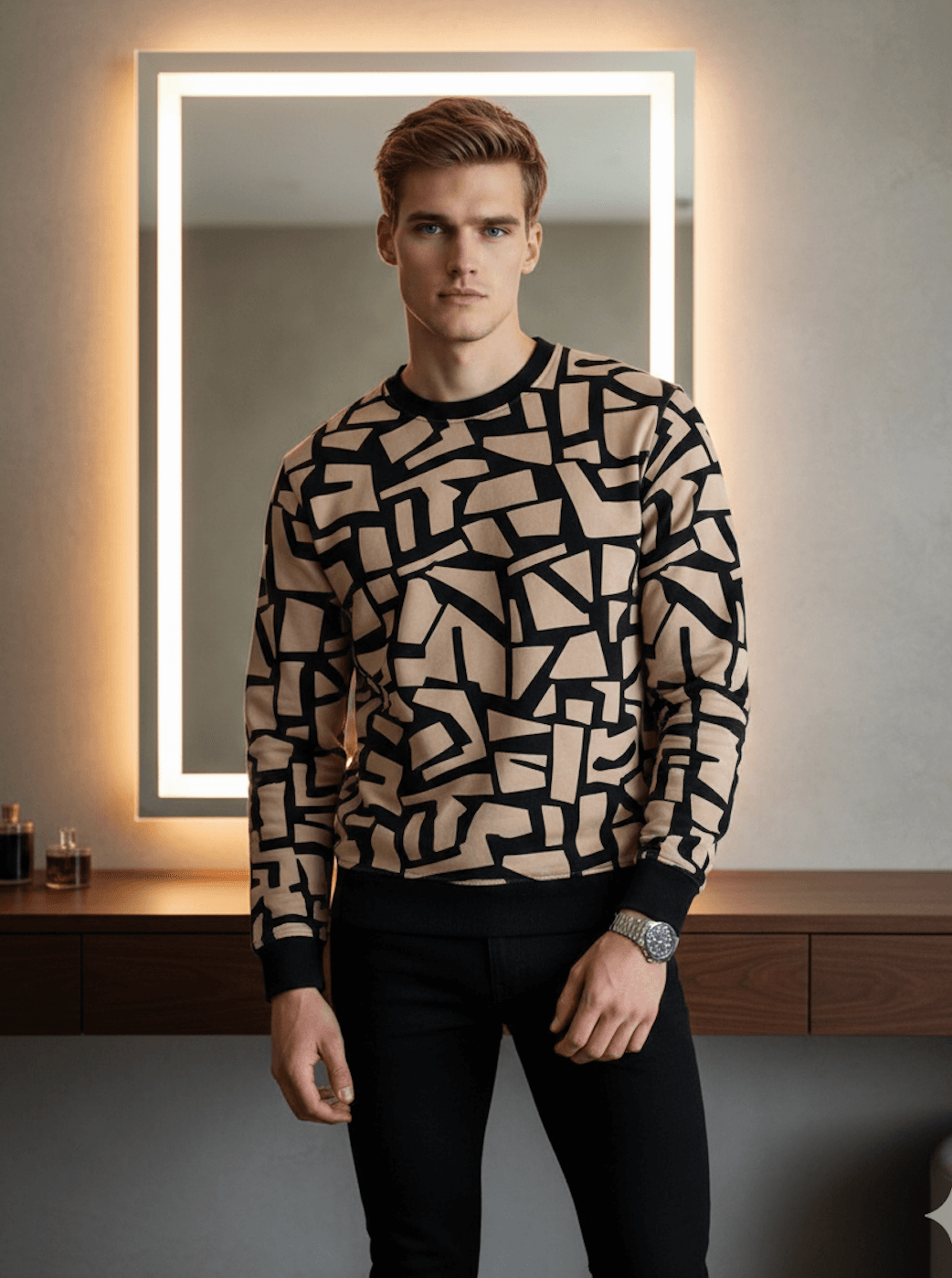 Modern Man in Bold Abstract Knitwear Portrait