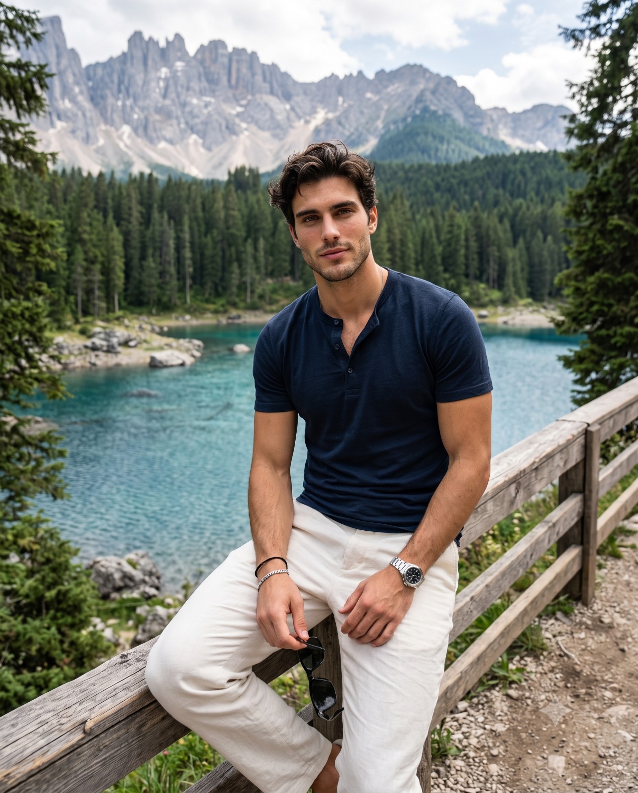 Handsome Man Relaxing by an Alpine Mountain Lake Portrait