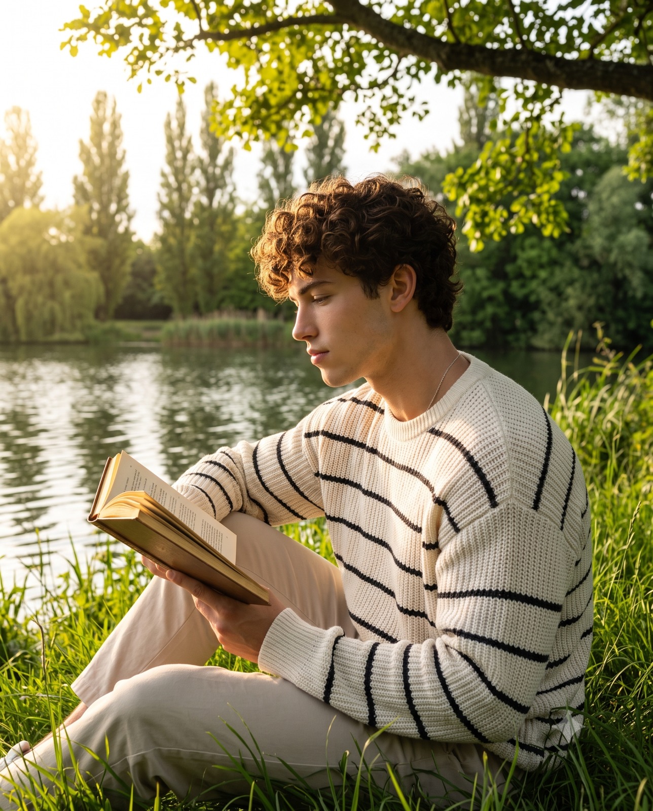 Reading Under a Tree by the Water Portrait