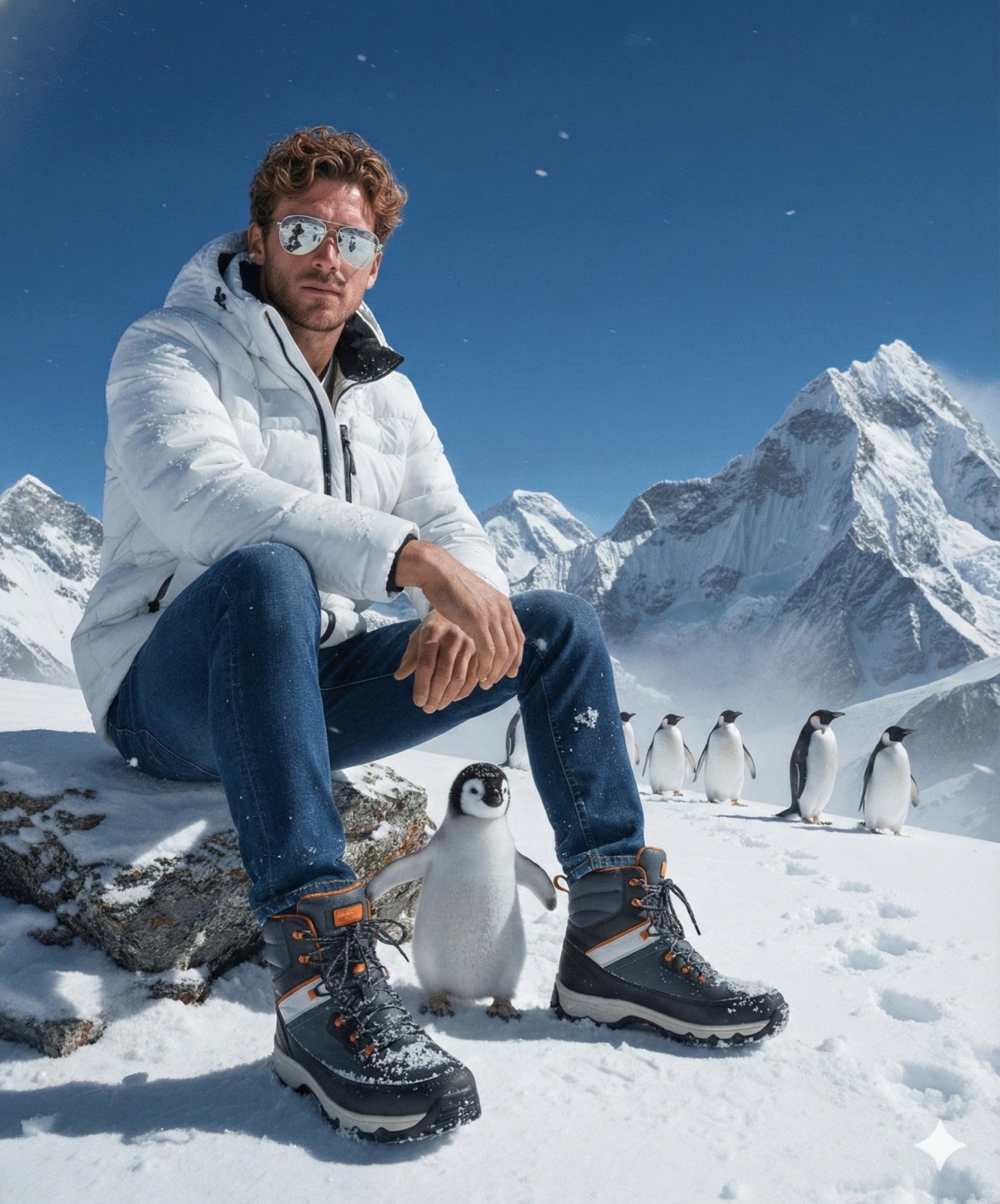 Snowy Mountain Penguin and Child Adventure Portrait