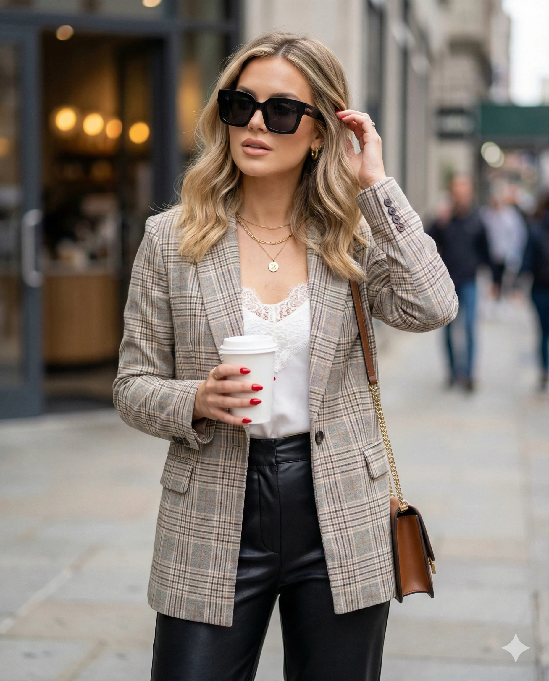 Plaid Blazer Leather Pants Street Style Beauty Portrait