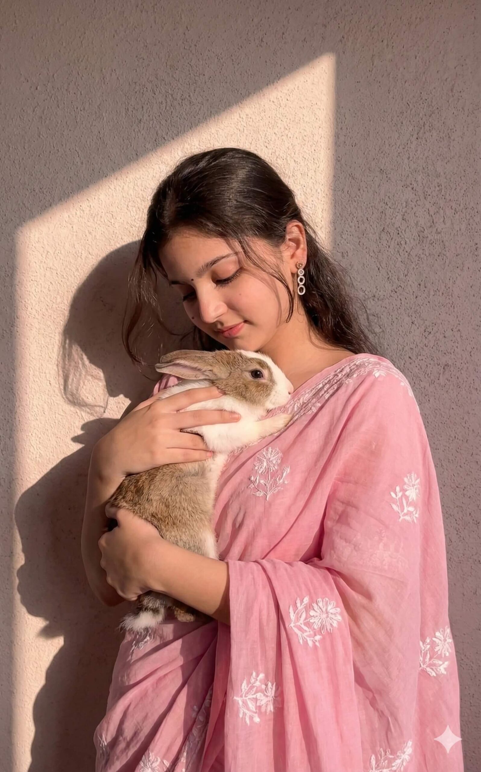 Dreamy Pink Saree Girl with Baby Rabbit