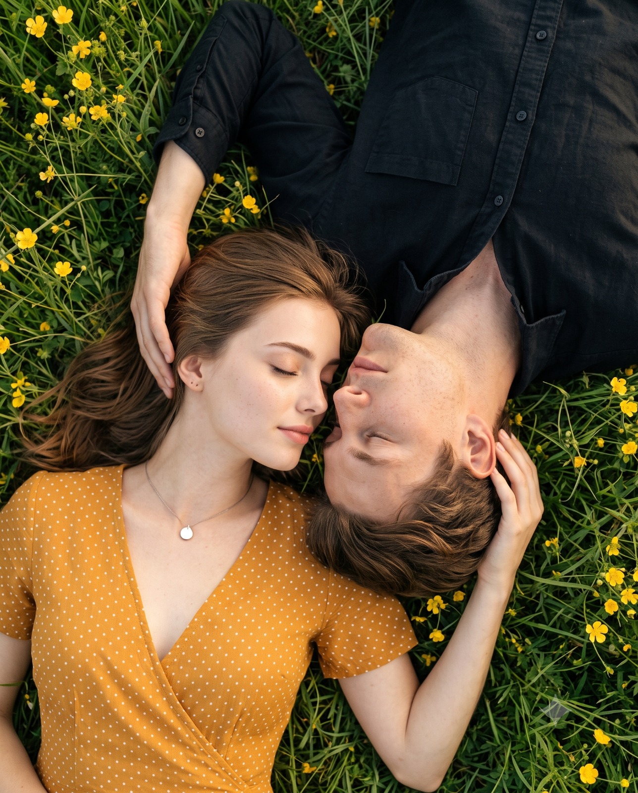 Aerial View of Couple Lying in Lush Green Meadow