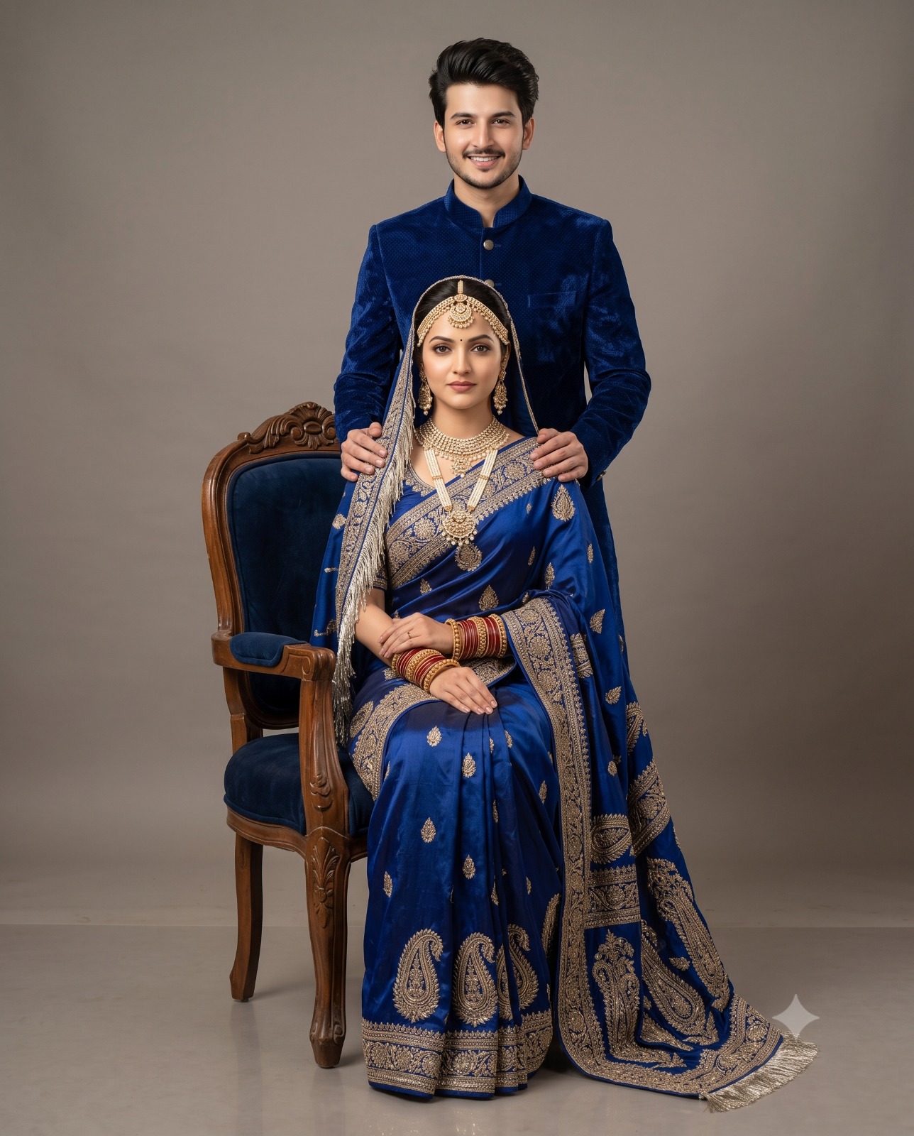 Royal Blue Saree and Sherwani Traditional Couple Portrait