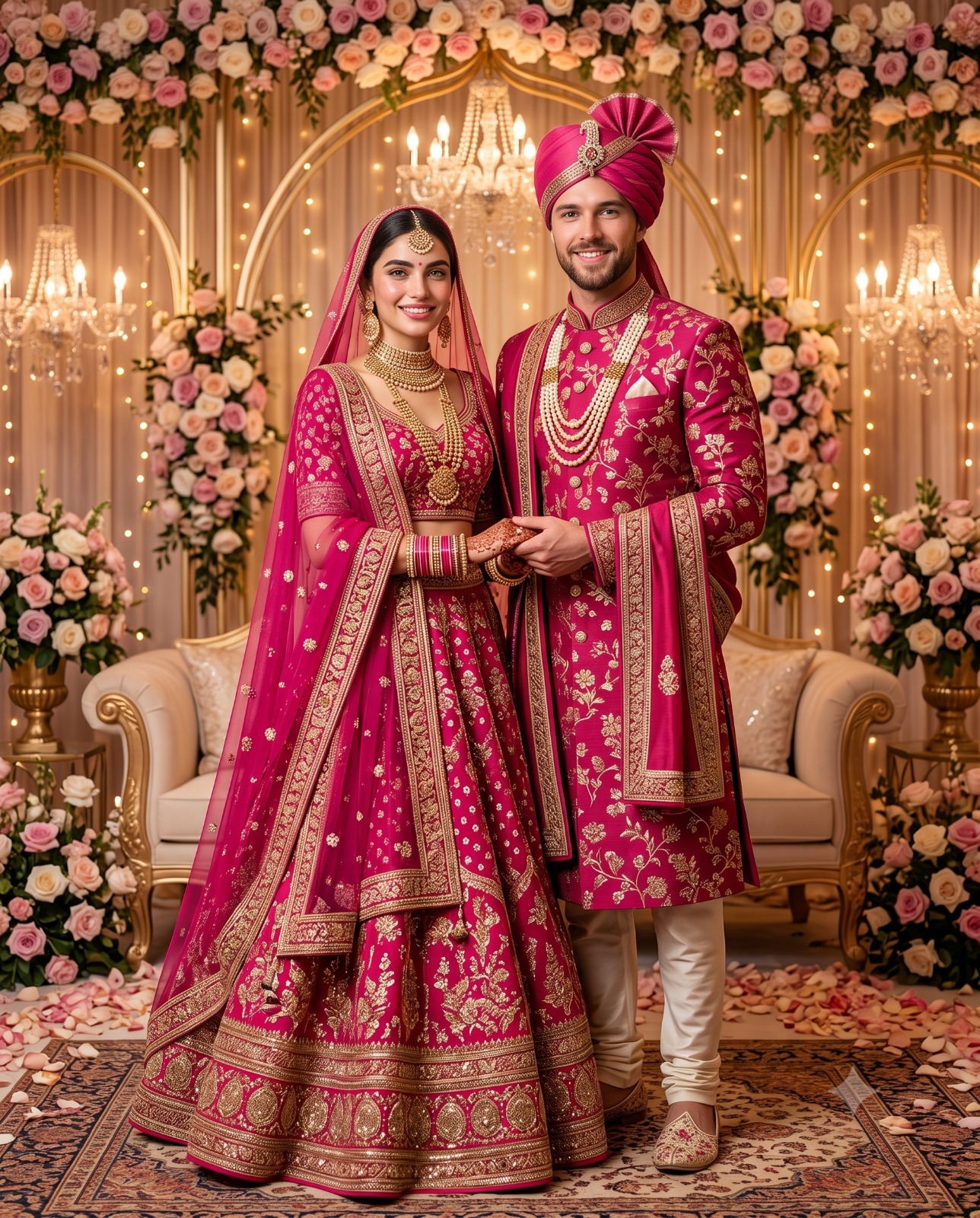 Royal Indian Wedding Floral Stage Couple Portrait