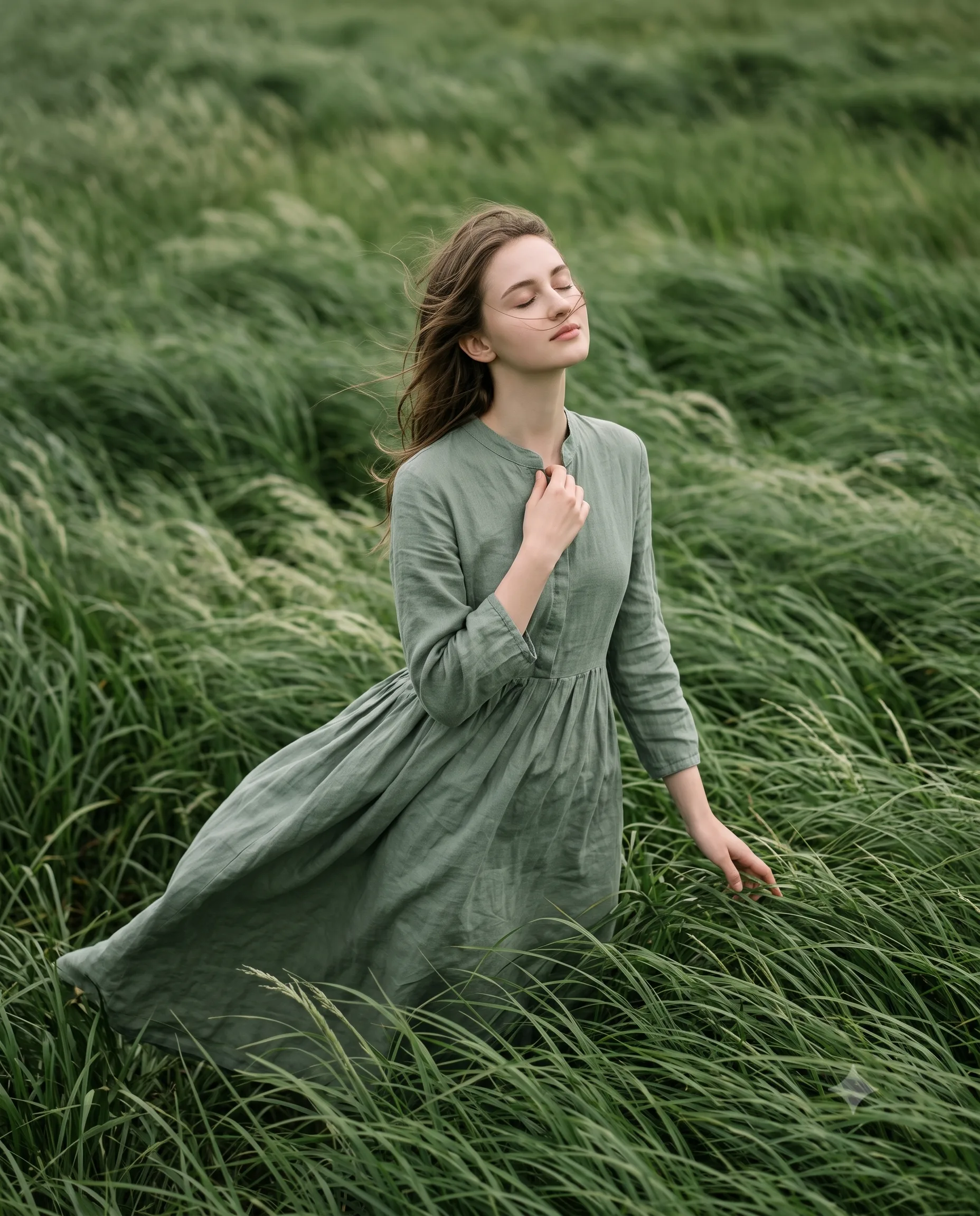 Serene Woman in Wind Green Field Portrait