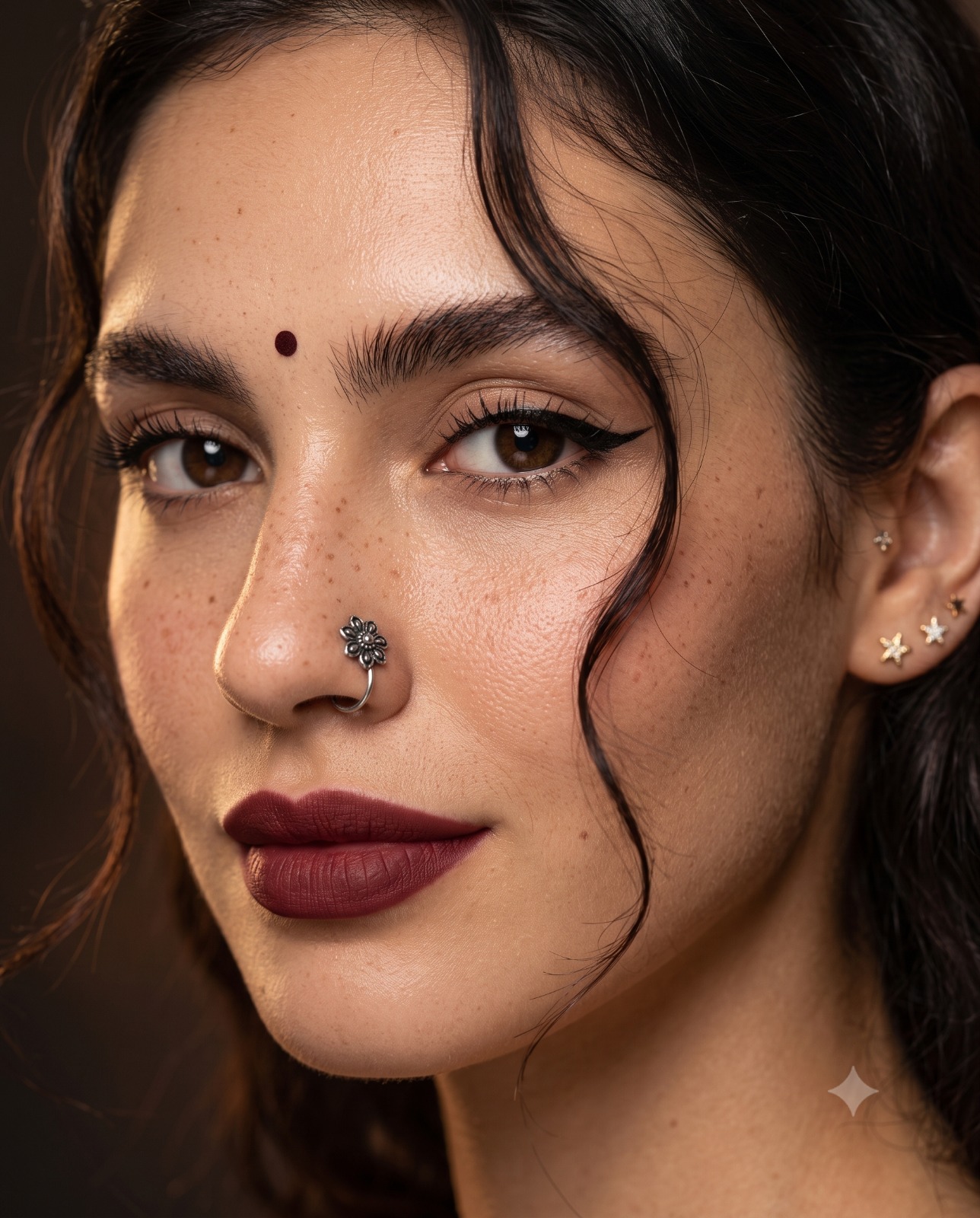 Silver Floral Nose Pin Extreme Close Up Beauty Portrait