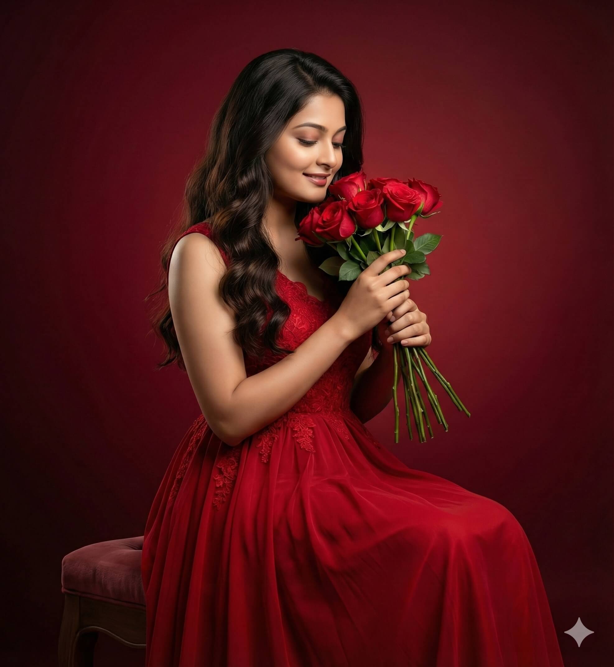 Studio Portrait: Elegant Woman in Red Gown