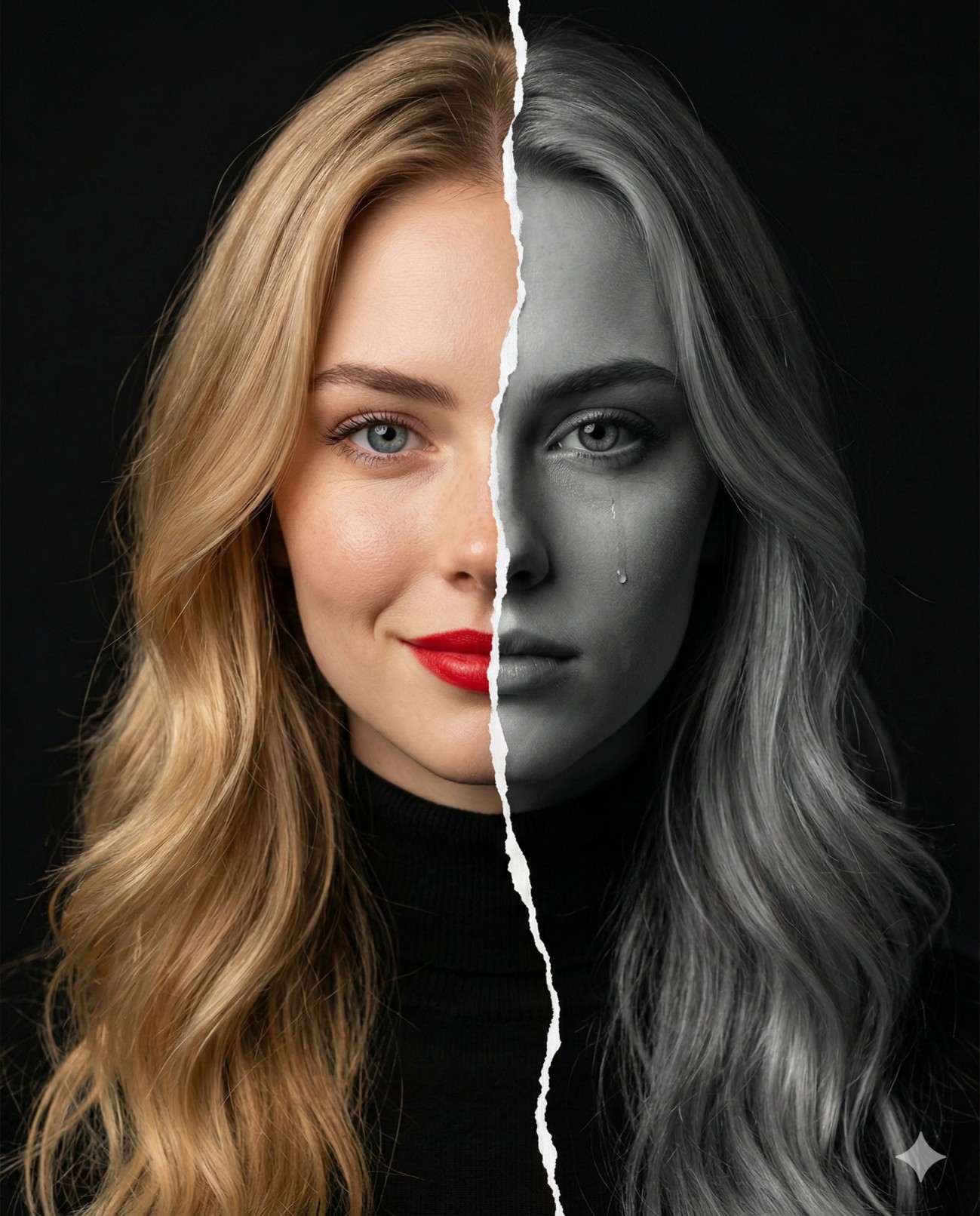 Split Face Dual Emotion Happy Sad Woman Portrait