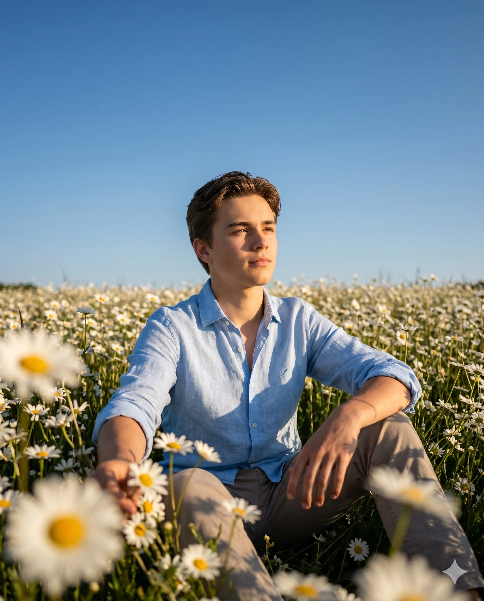 Spring Aesthetic Boy Sitting in Wildflower Field