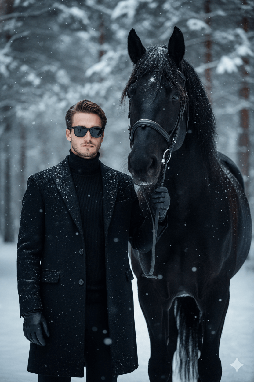 Stylish Man Holds Horse Portrait