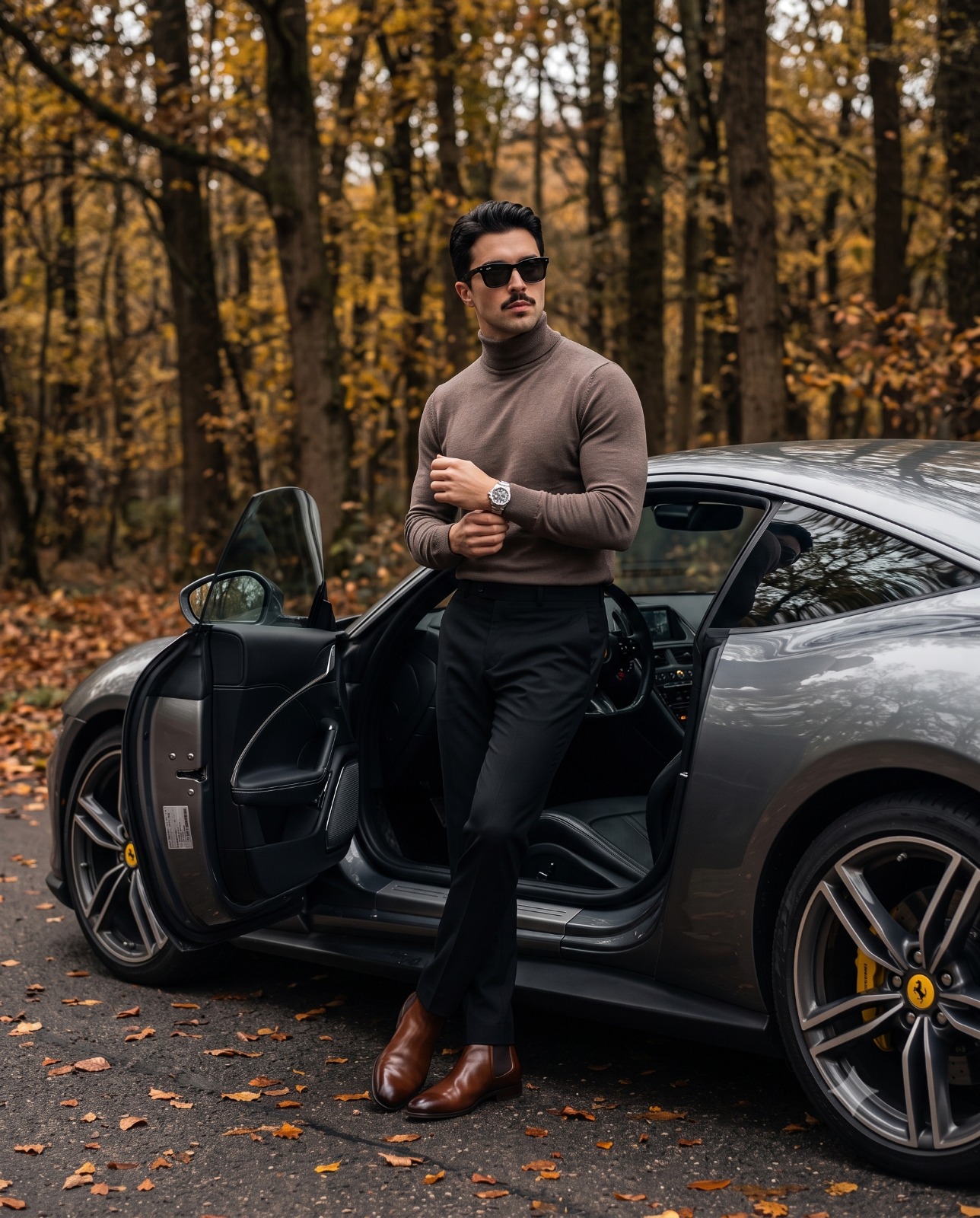 Stylish Man with Sports Car in Autumn Forest Portrait