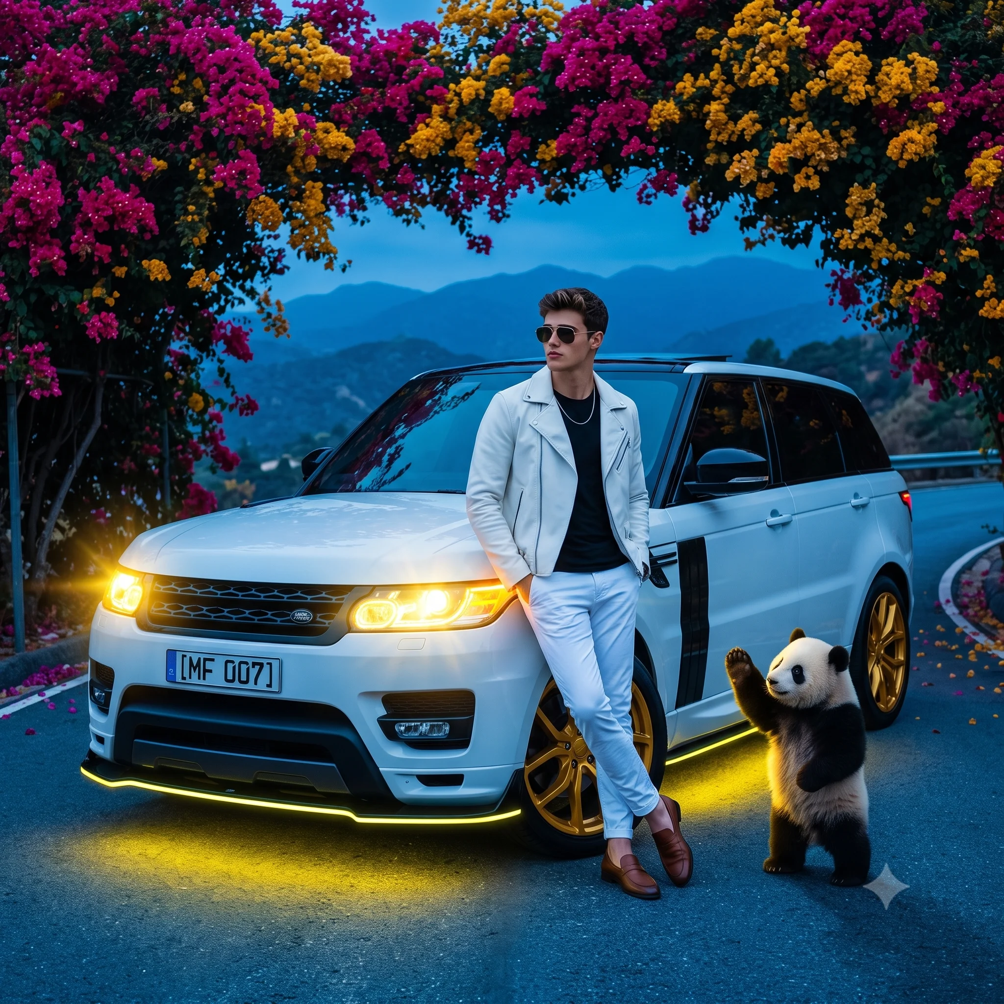 Stylish Man with White SUV and Panda Portrait