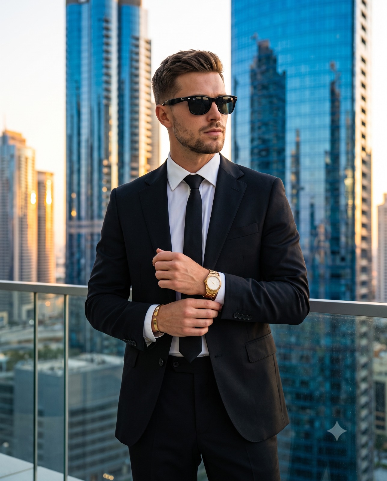 Suited Man Against Skyscraper Sunset Portrait