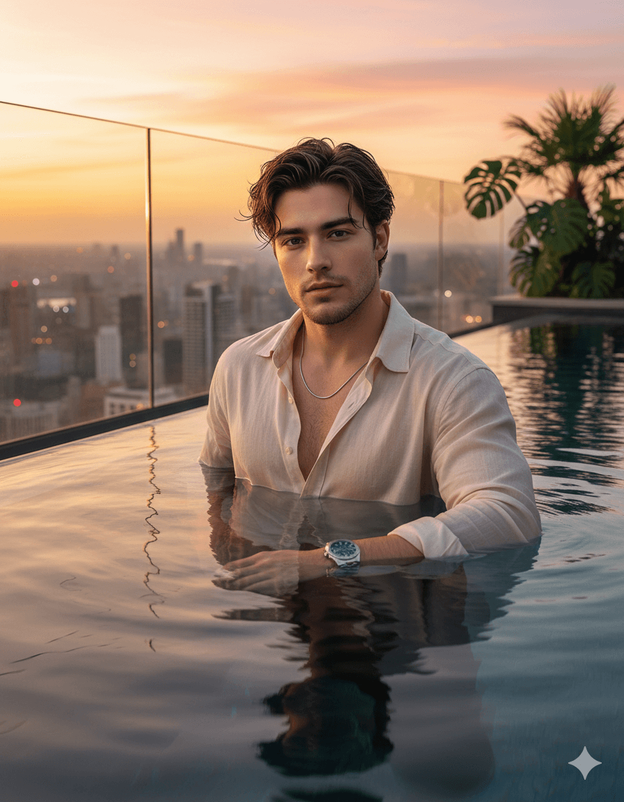 Sunset Infinity Pool Luxury Cinematic Portrait