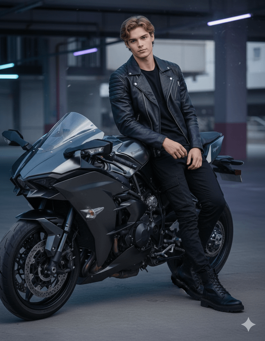 Midnight Motorcycle Rider Cinematic Action Portrait